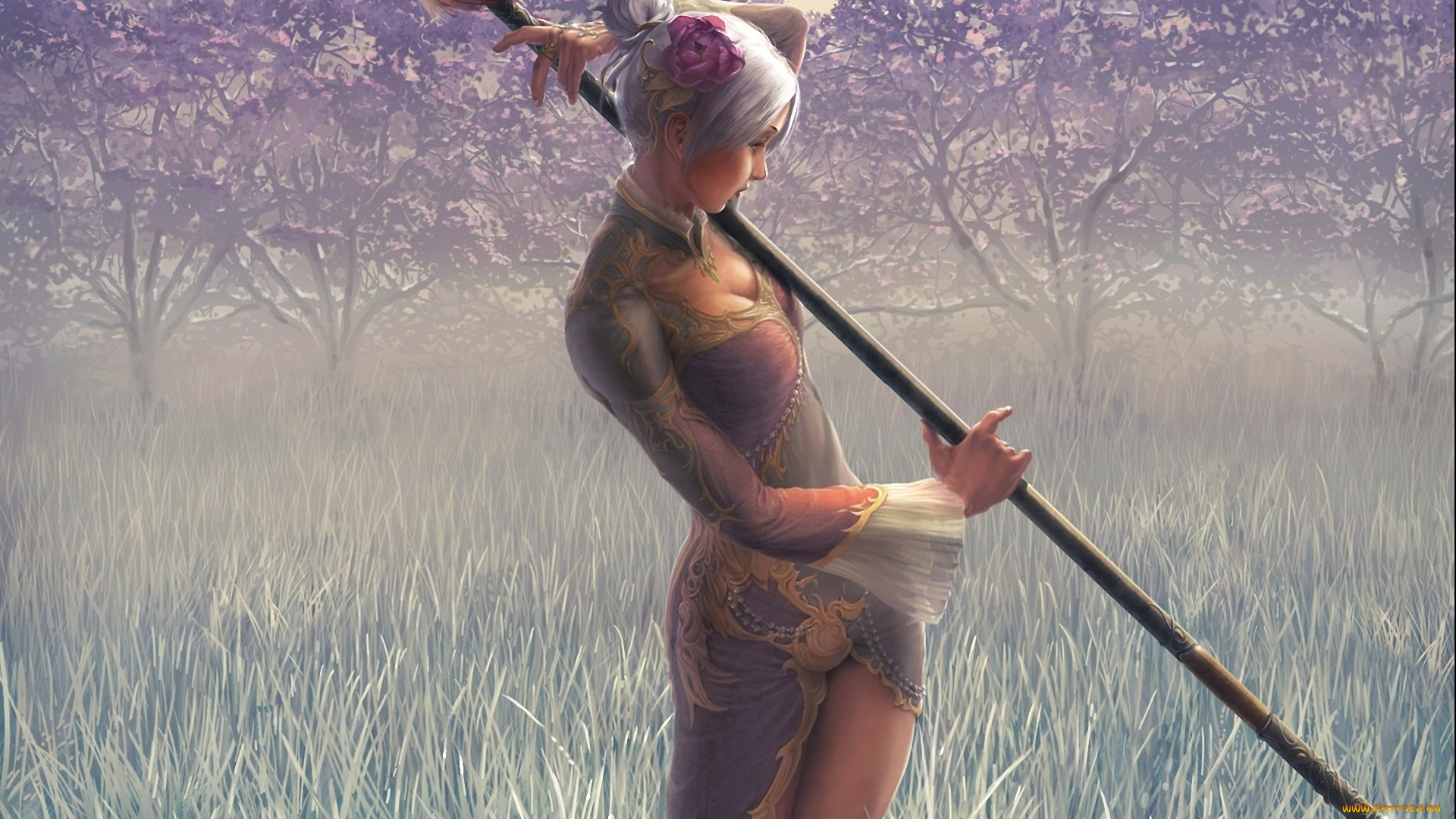 видео, игры, dynasty, warriors, дымка, деревья, арт, трава, платье, оружие, копье, пион, девушка, dynasty, warriors, reishin