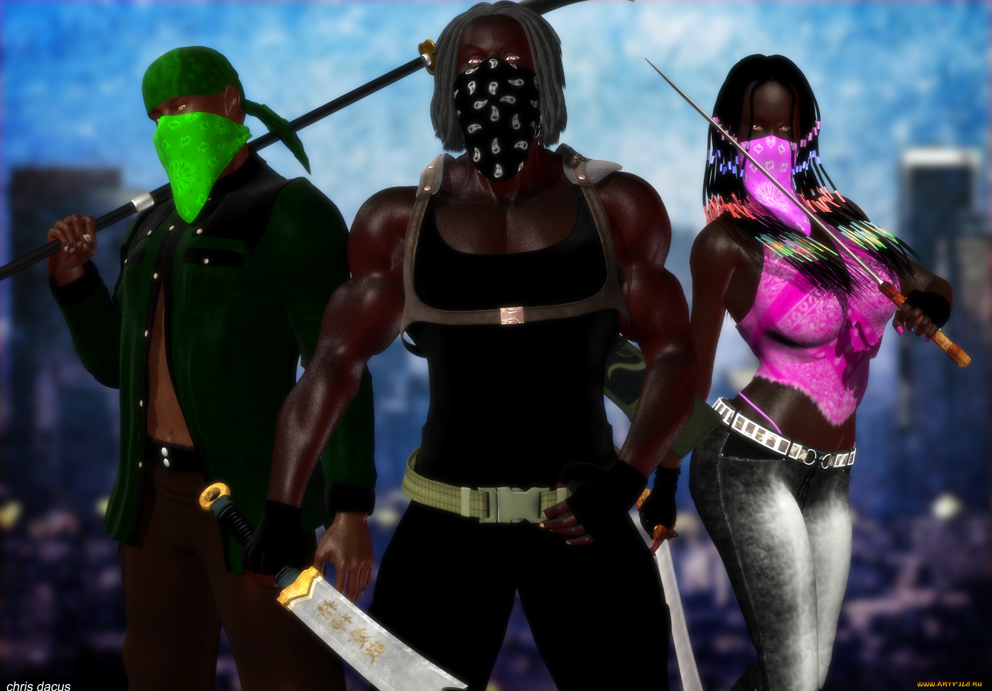 3д, графика, фантазия, , fantasy, девушка, оружие, мужчины, фон, взгляд