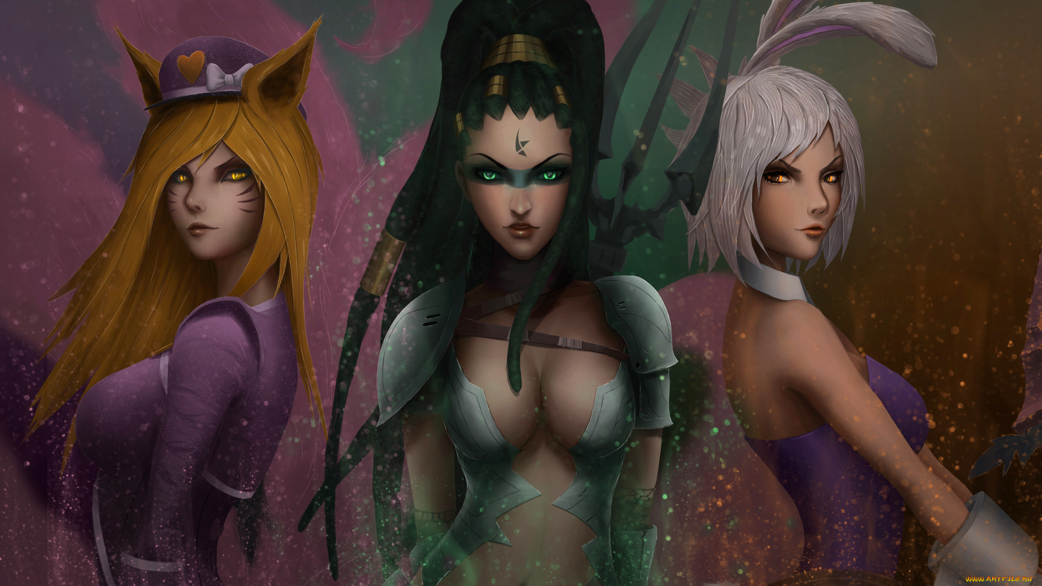 видео, игры, league, of, legends, фон, взгляд, девушки, ahri, nidalee, riven