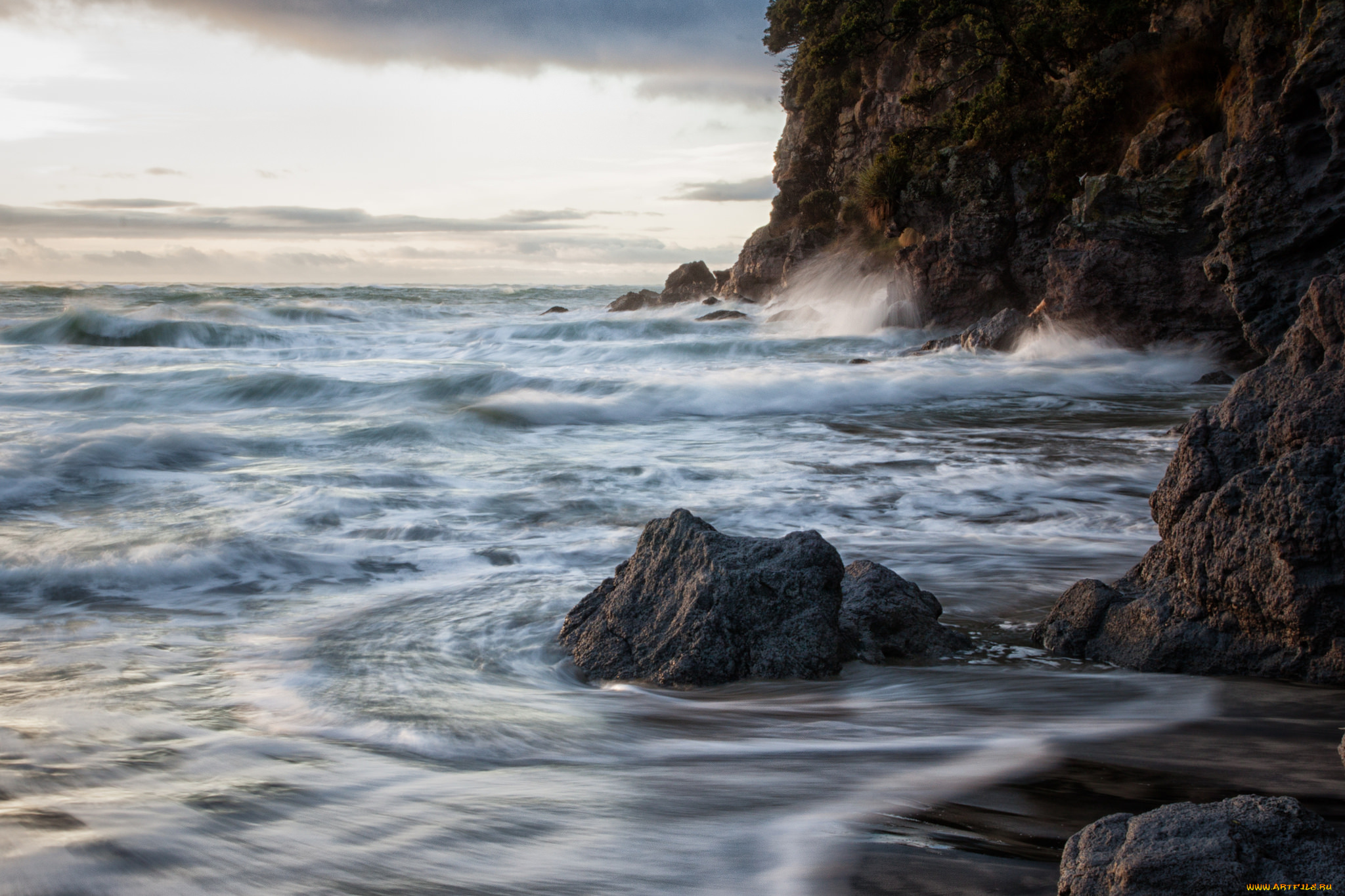 природа, побережье, океан, волны, скалы, берег