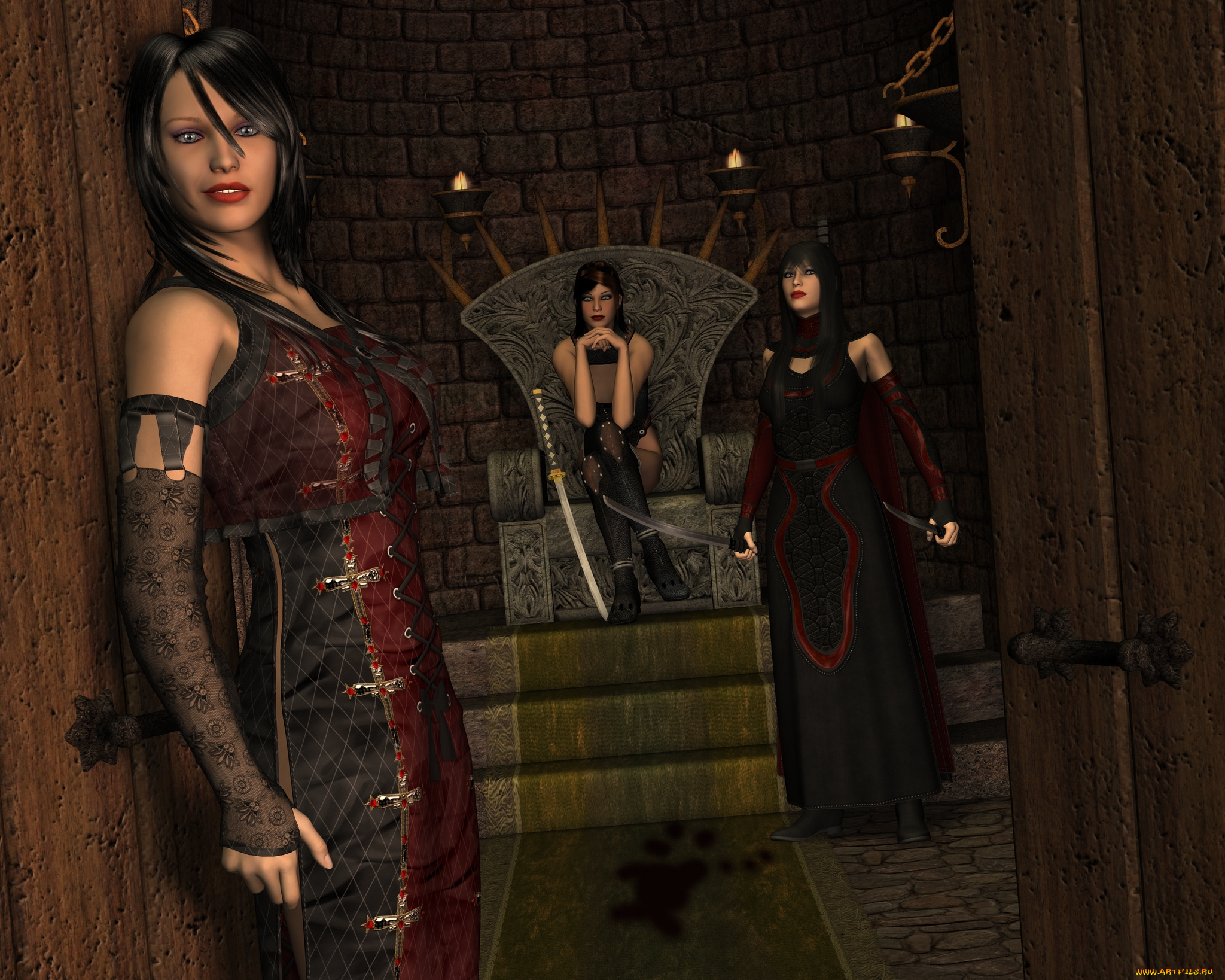 3д, графика, фантазия, , fantasy, трон, оружие, фон, взгляд, девушки