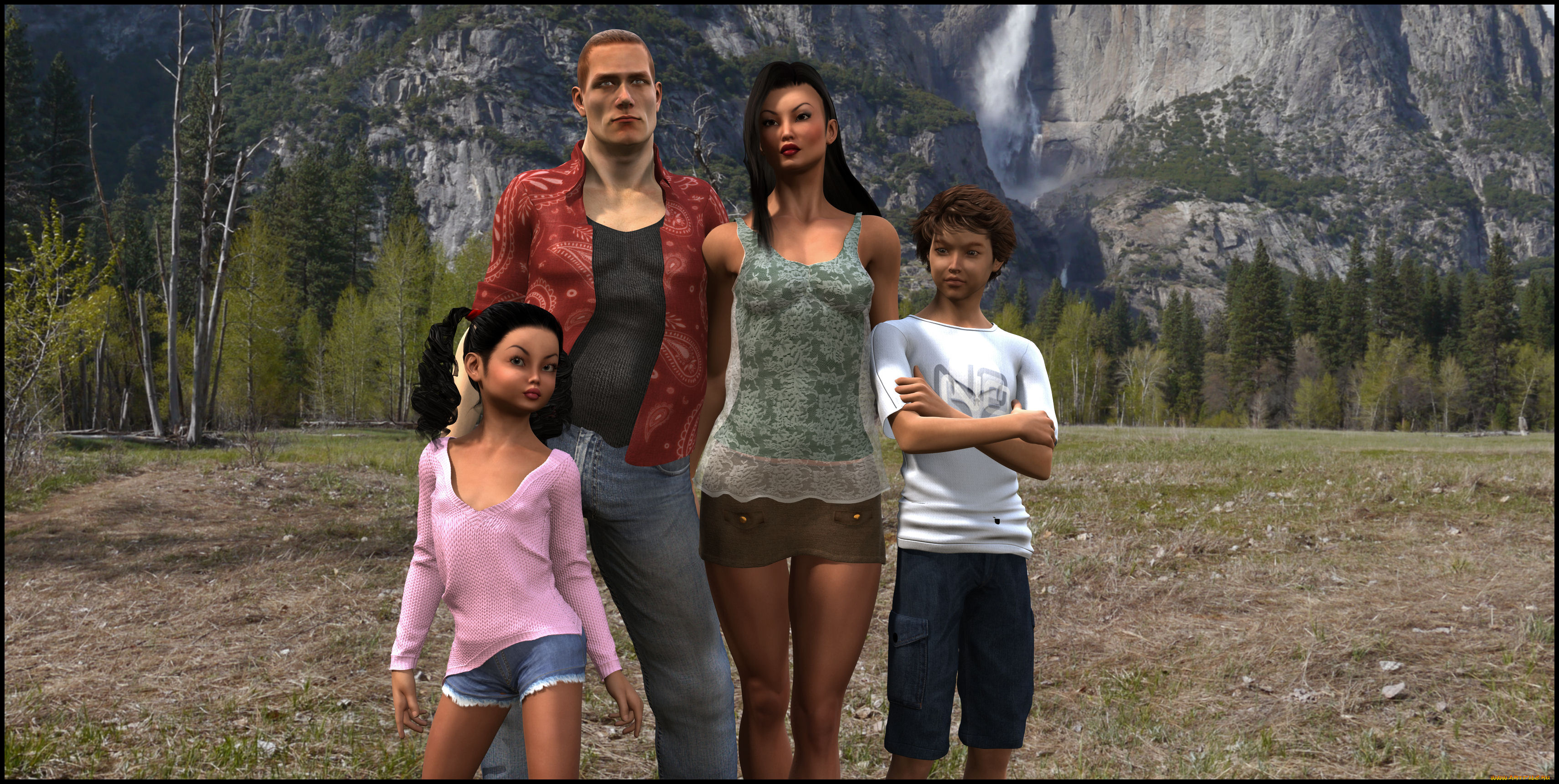 3д, графика, люди, , people, мать, мужчина, фон, взгляд, девушка, дети, отец