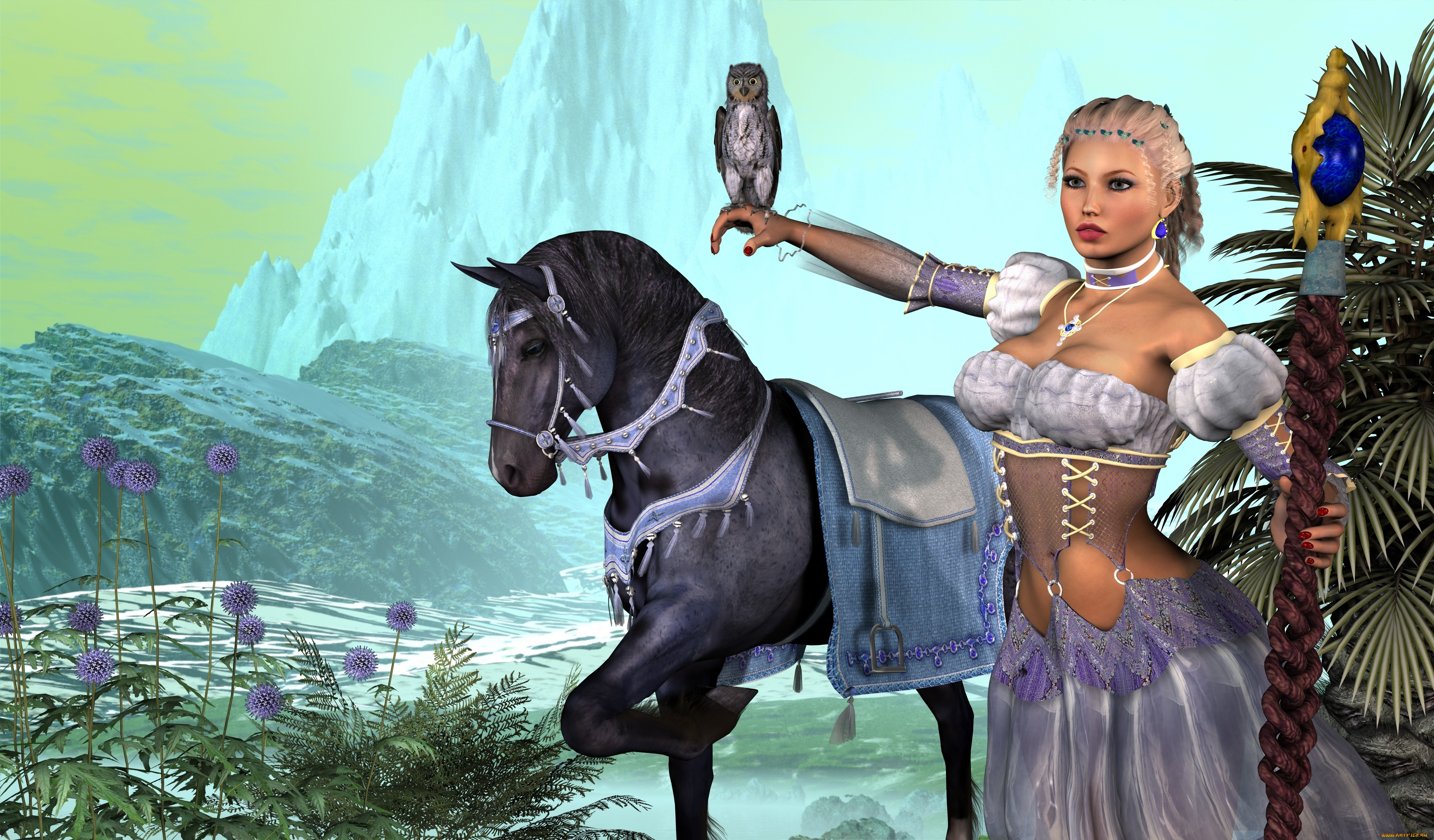 3д, графика, люди, , people, лошадь, фон, сова, взгляд, девушка