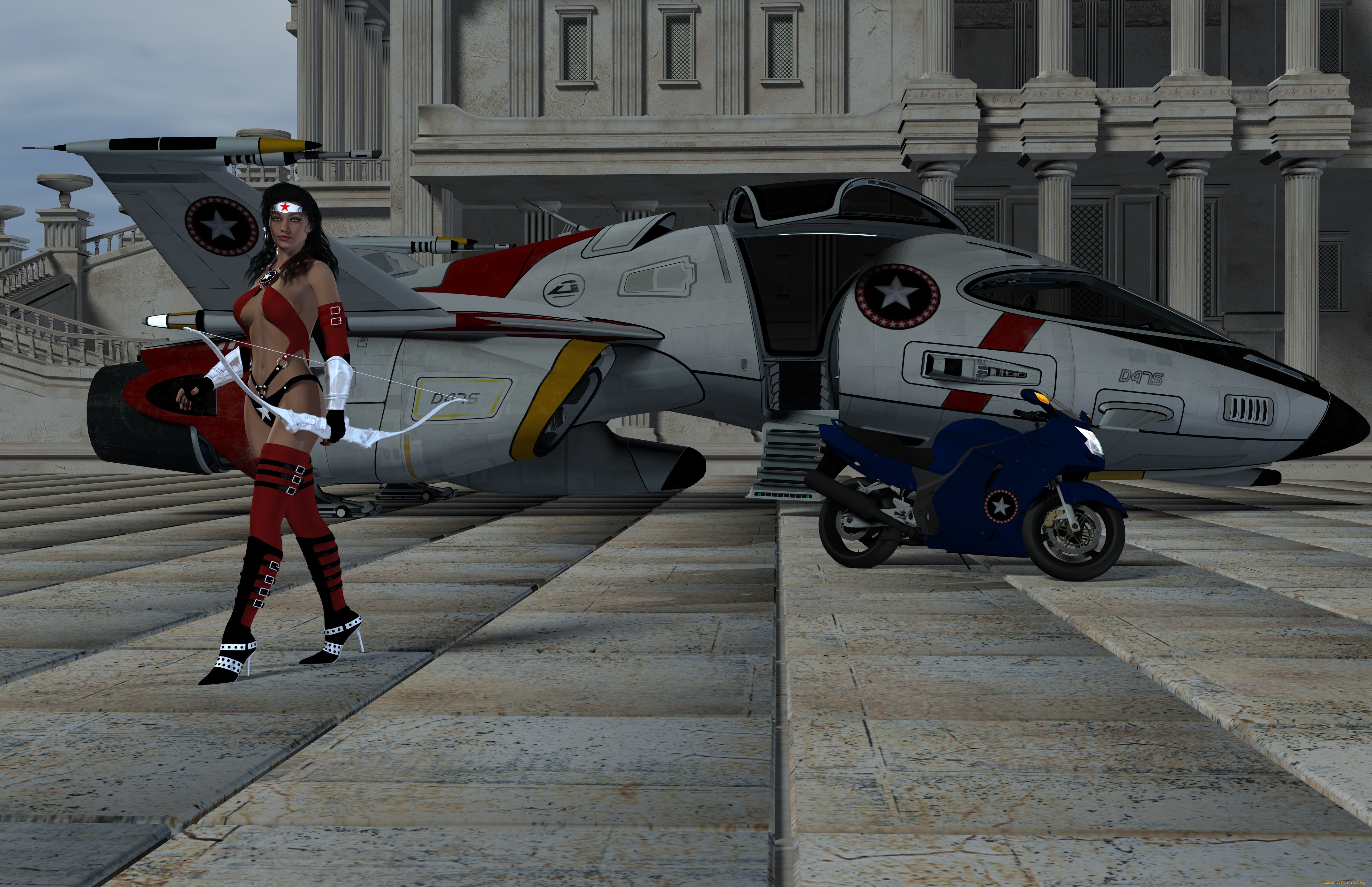 3д, графика, фантазия, , fantasy, лук, супермен, фон, взгляд, девушка, самолет