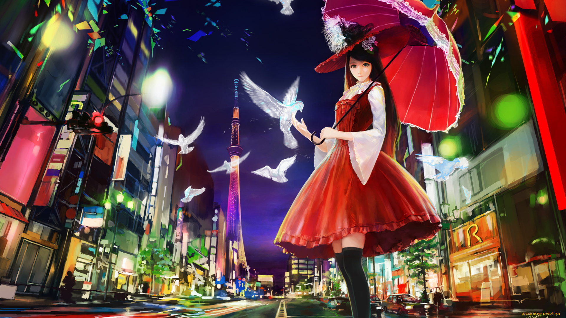 аниме, город, , улицы, , здания, зонт, девушка, ночь