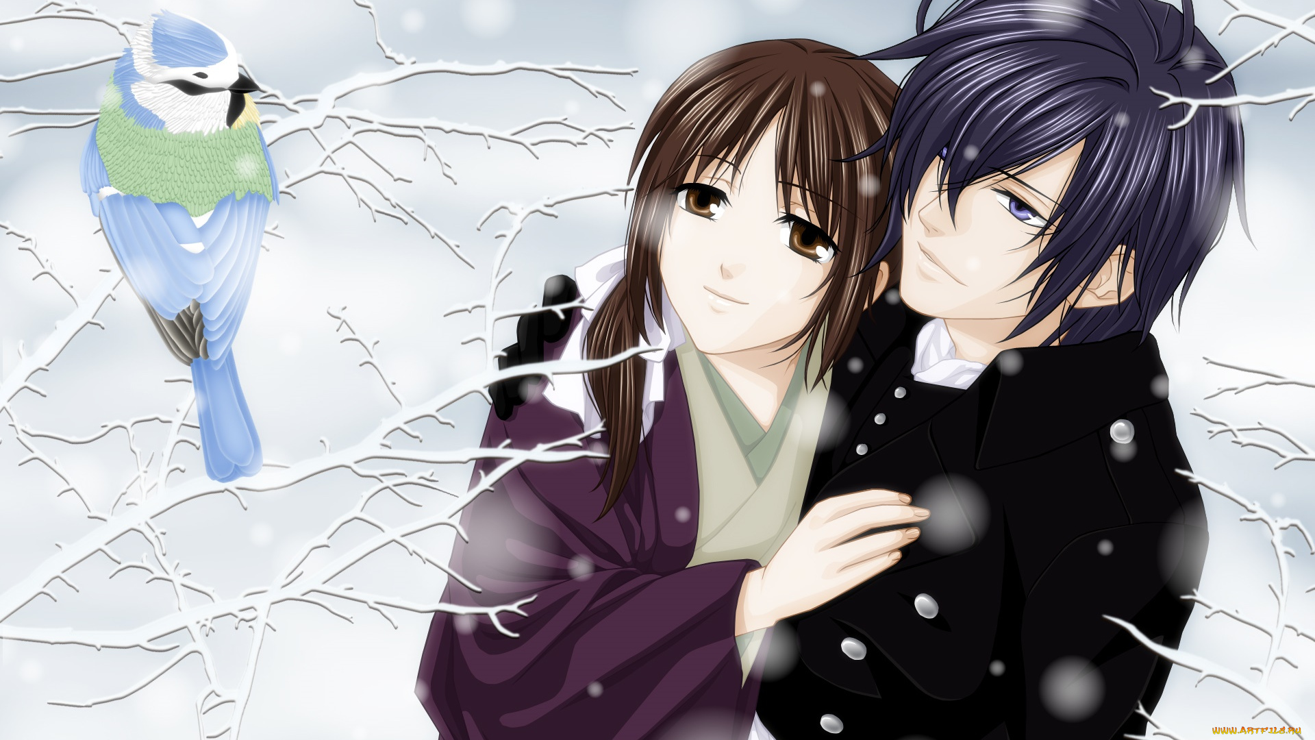 аниме, hakuoki, девушка, взгляд, фон, парень