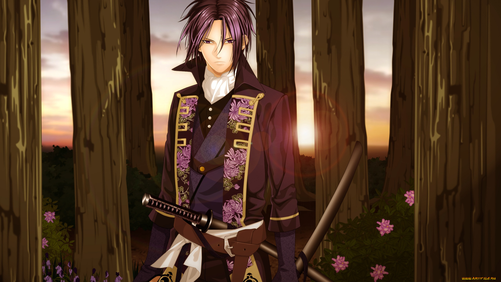 аниме, hakuoki, парень, взгляд, фон