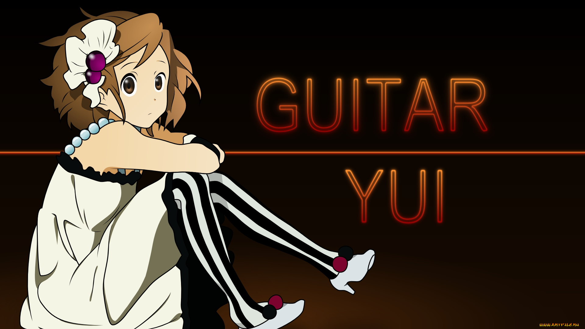 аниме, k-on, девушка, взгляд, фон