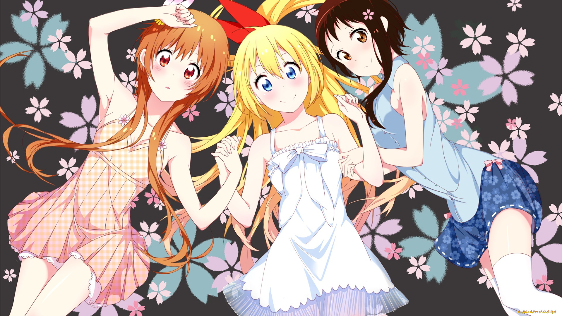 аниме, nisekoi, взгляд, девушки, фон