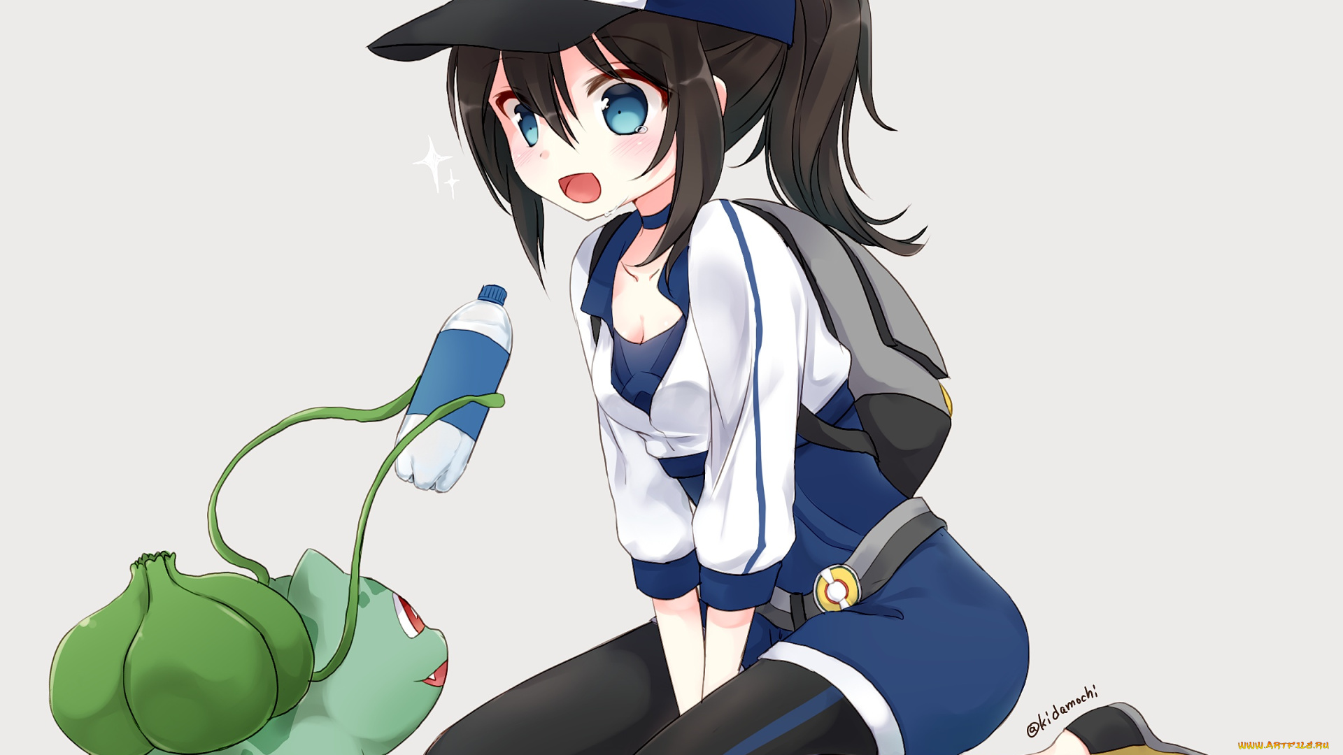 аниме, pokemon, девочка, бутылка, бульбазавр