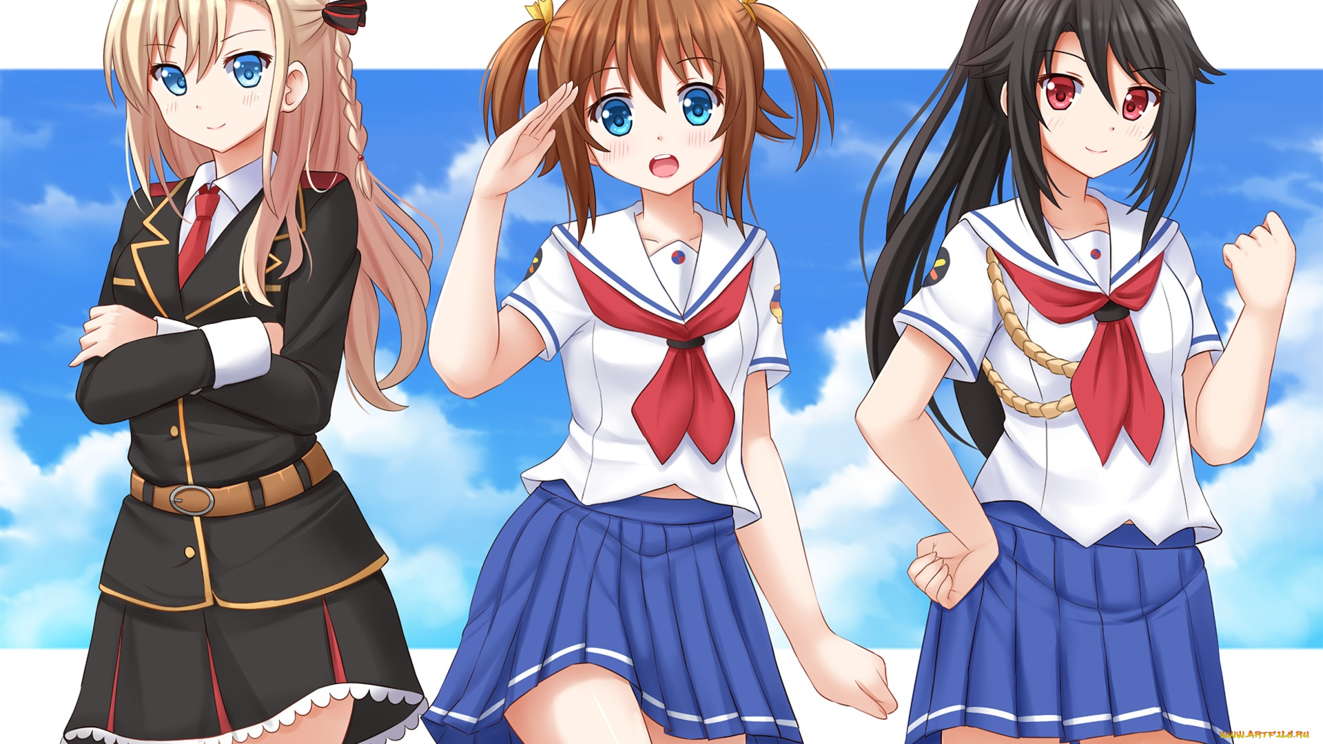 high, school, fleet, аниме, девушки, взгляд, фон