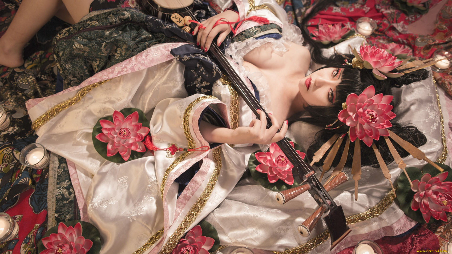 музыка, -, другое, азиатка, инструмент, девушка