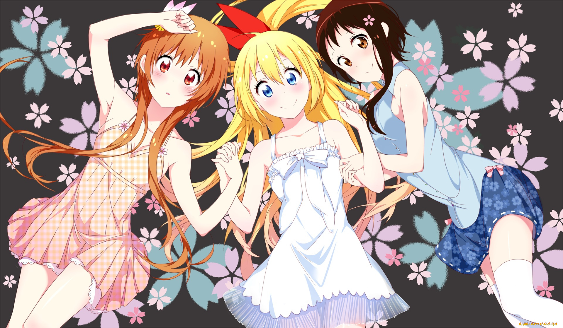 аниме, nisekoi, взгляд, девушки, фон