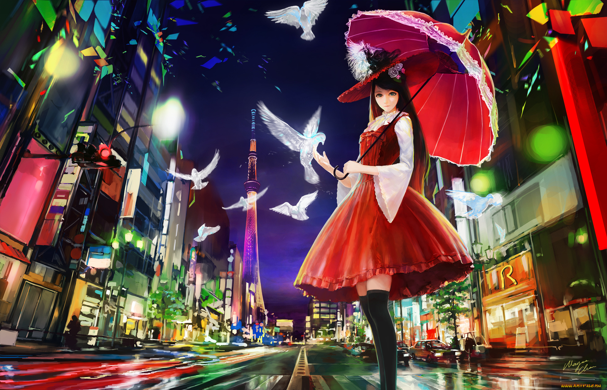 аниме, город, , улицы, , здания, зонт, девушка, ночь