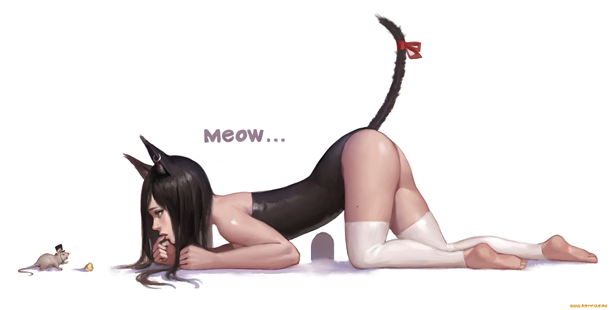 аниме, животные, , существа, девушка, мышь, арт, кошка, сыр