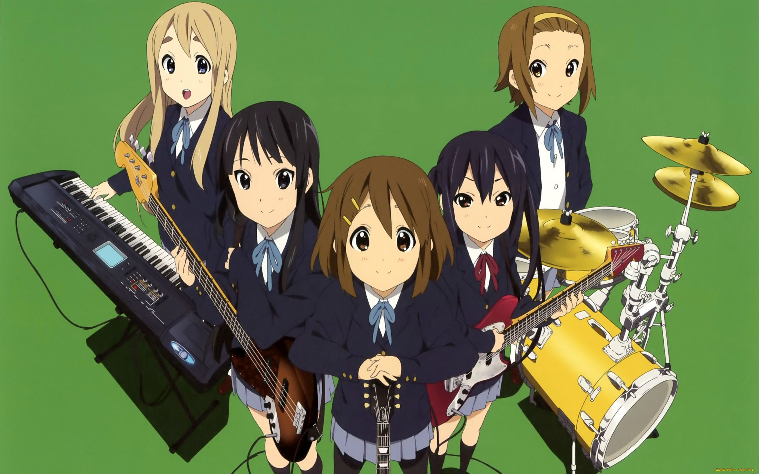 аниме, k-on, девушки, взгляд, фон