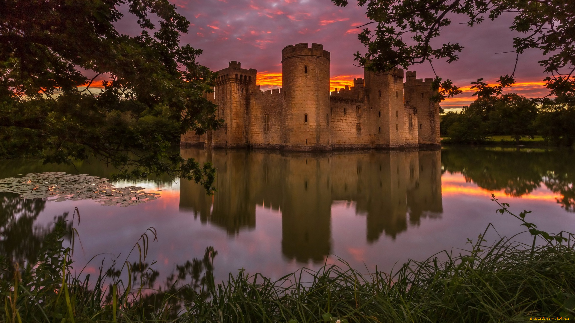 англия, города, замки, англии, облака, деревья, трава, водоем