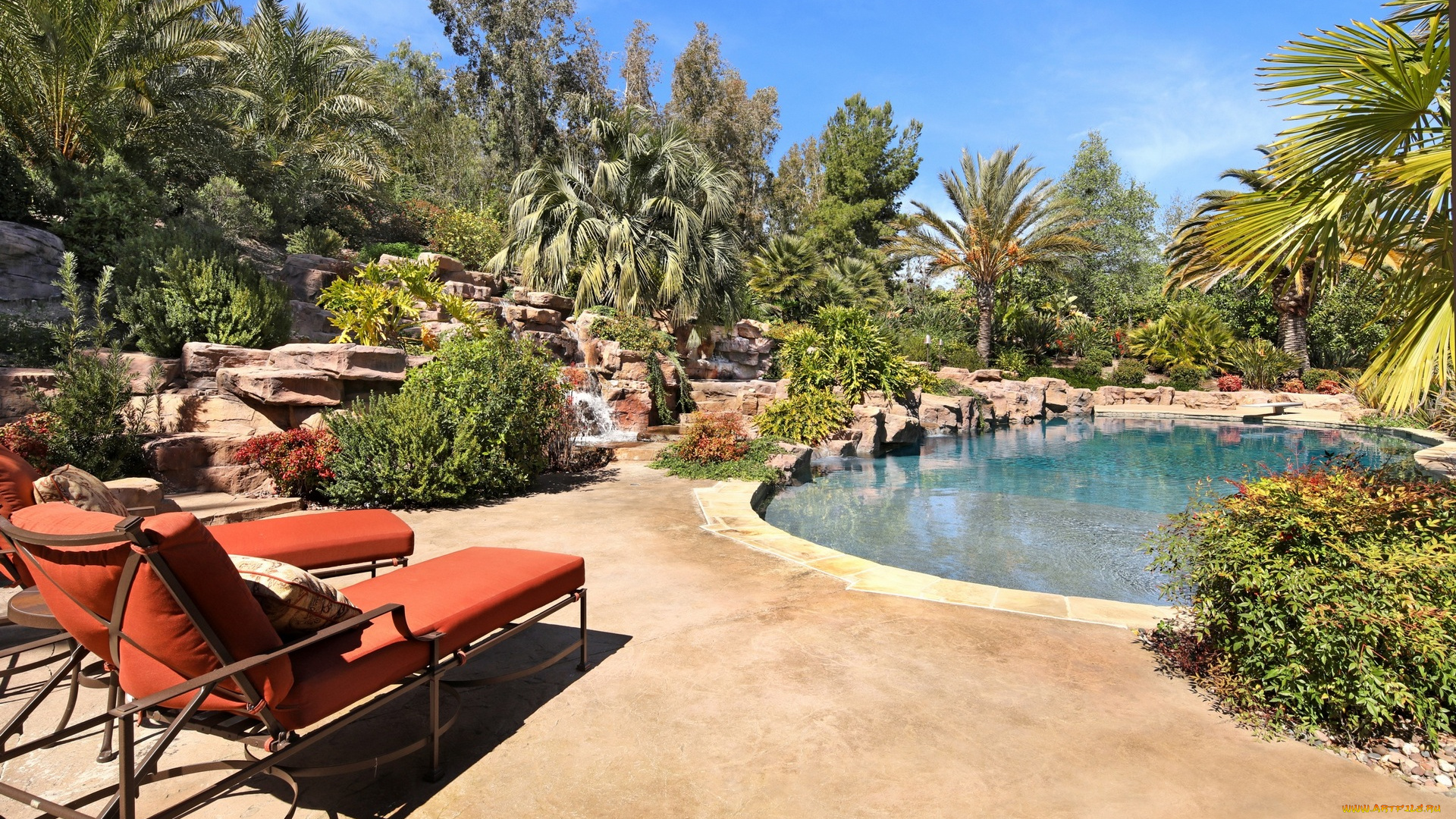 интерьер, бассейны, , открытые, площадки, камни, пальмы, шезлонг