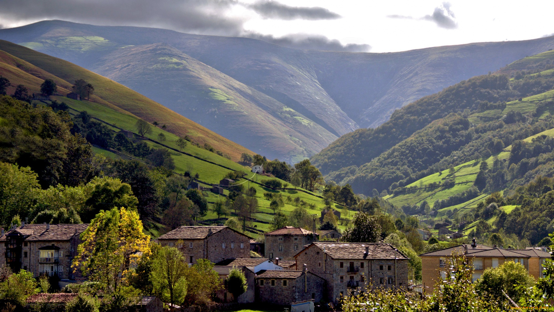 испания, города, -, панорамы, деревья, здания, горы