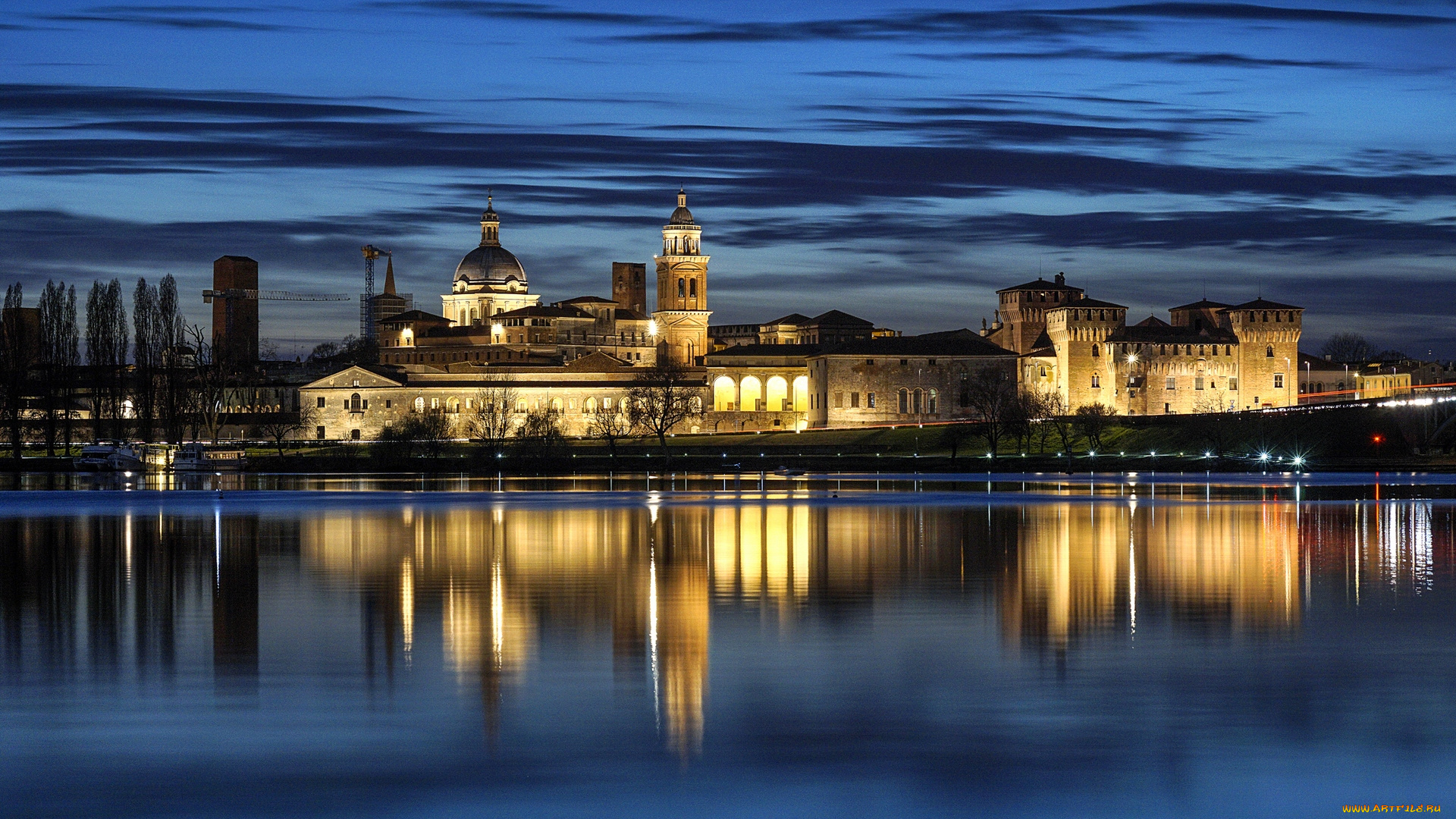 италия, города, -, огни, ночного, города, водоем, деревья, освещение, здания