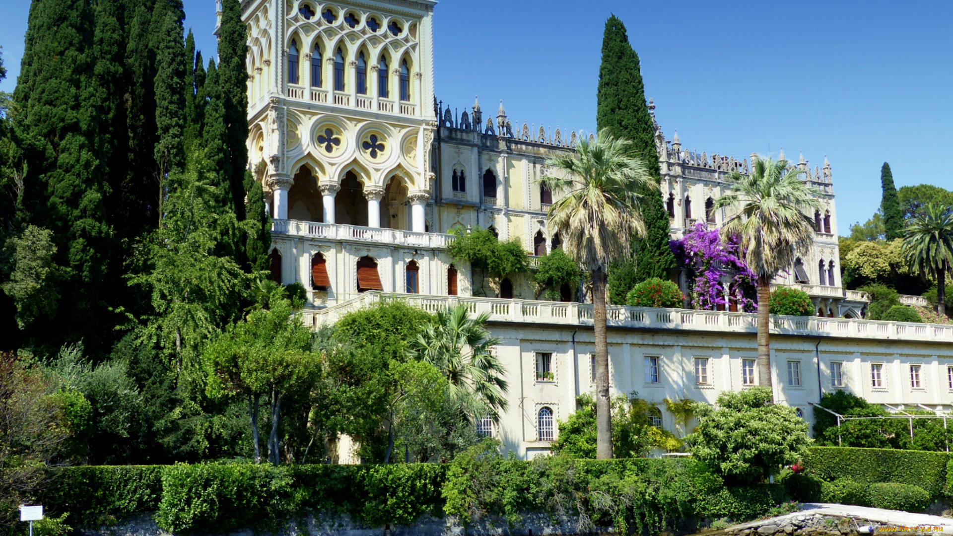 италия, города, -, здания, , дома, деревья, пальмы, водоем, вилла