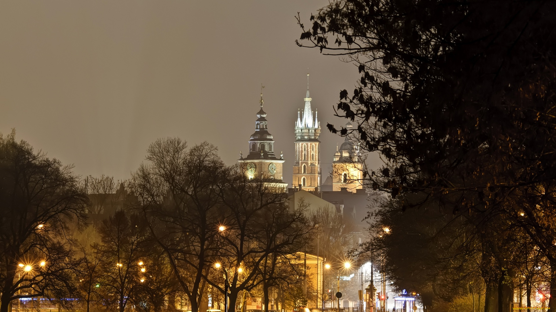 краков, города, краков, , польша, здания, дорога, фонари, ночь