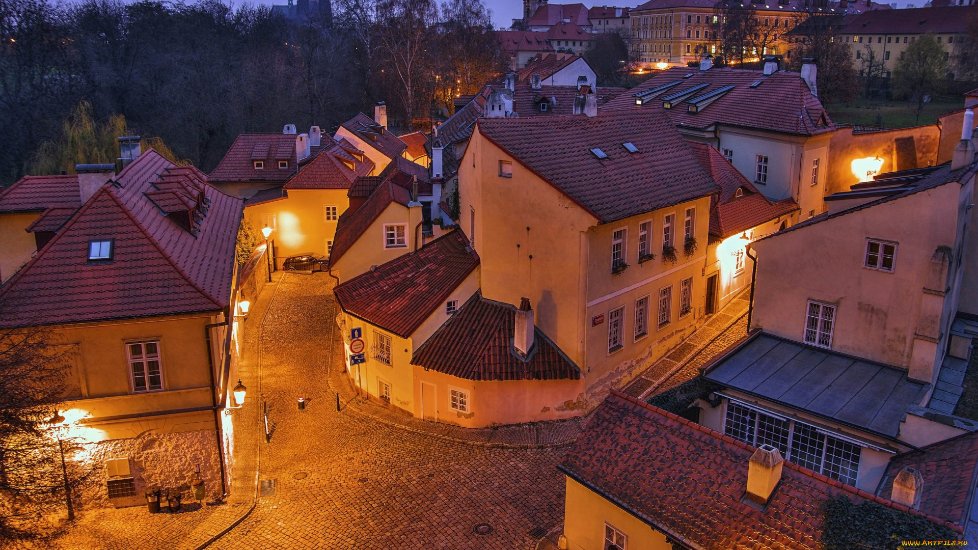 прага, города, прага, , Чехия, деревья, ночь, дорога, здания, фонари