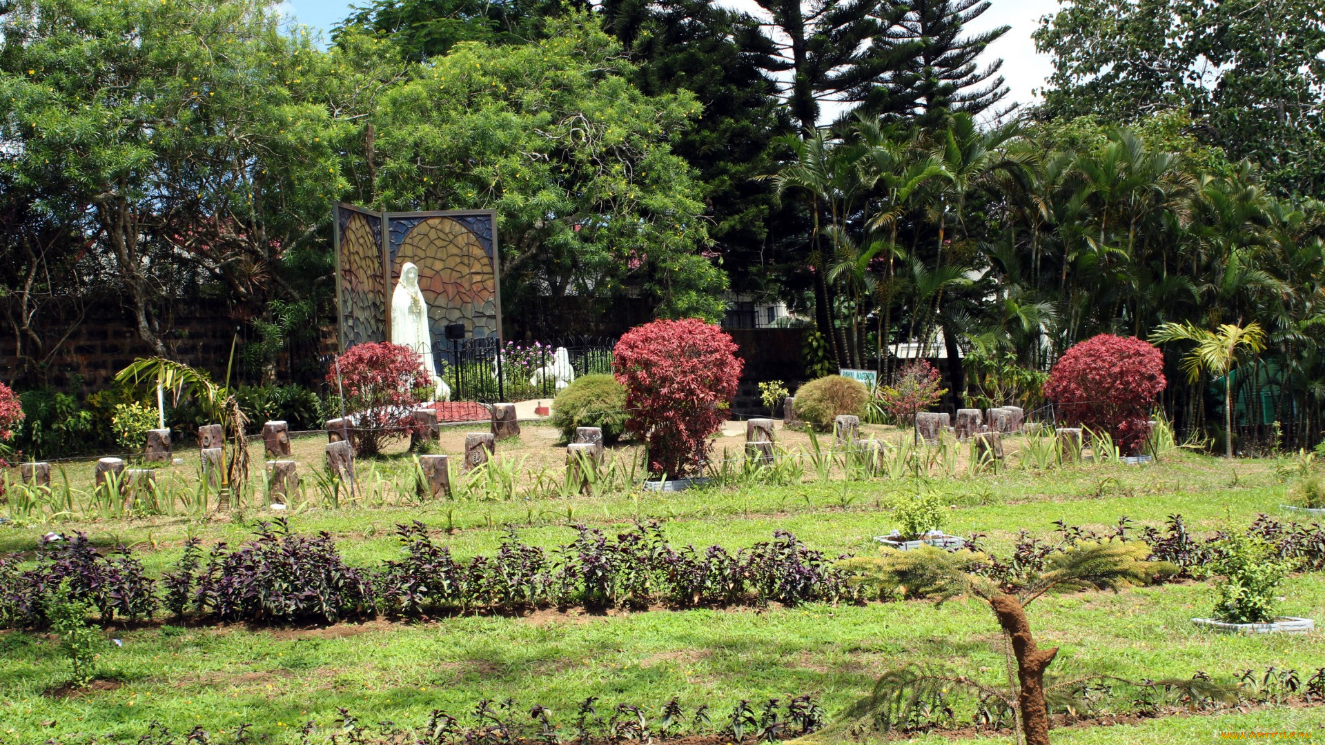 природа, парк, статуя, кусты, пальмы