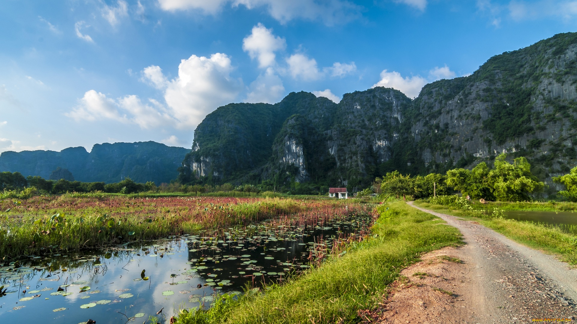 вьетнам, природа, реки, озера, облака, дом, водоем, дорога, горы