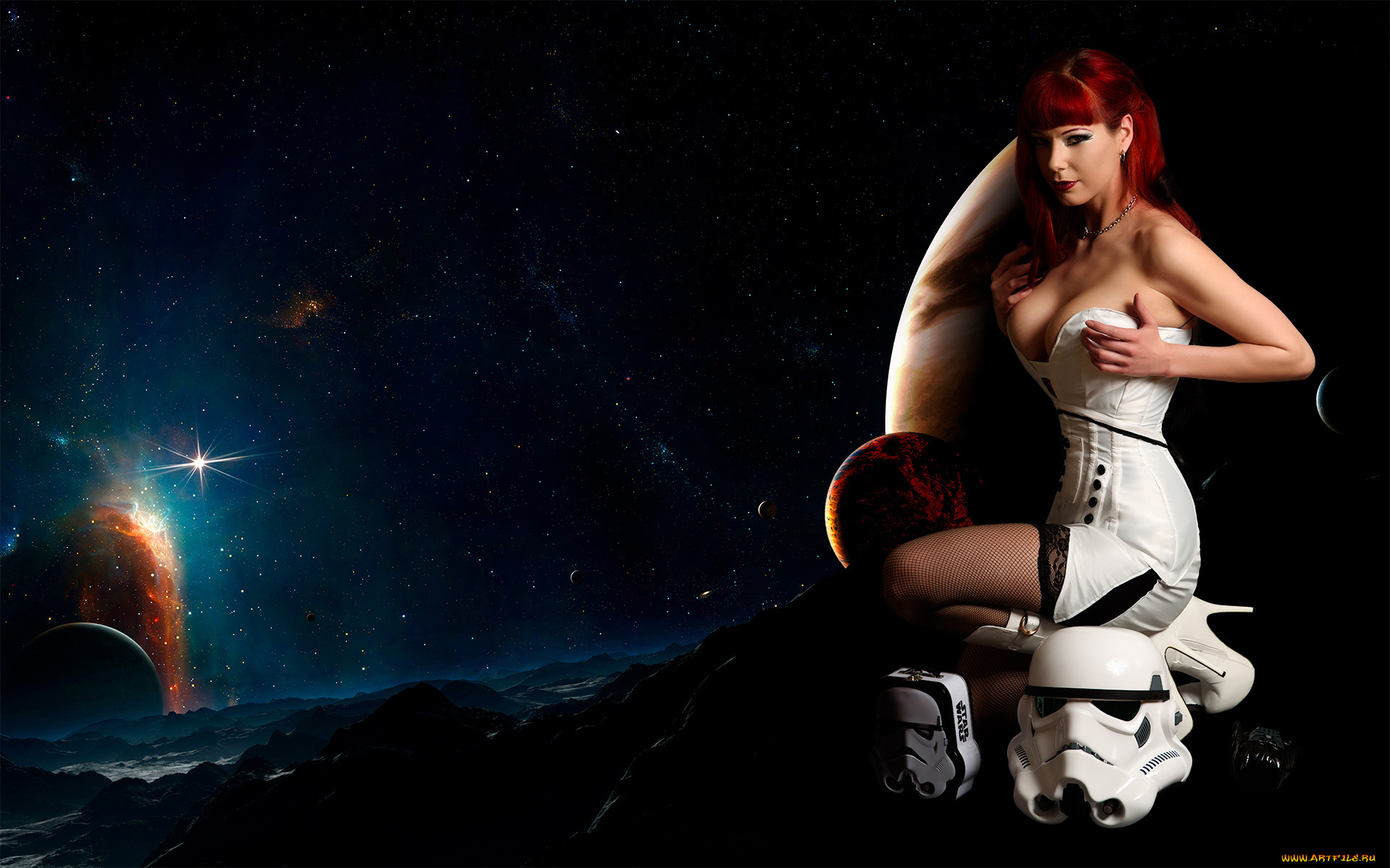 разное, компьютерный, дизайн, фон, планета, космос, девушка, взгляд