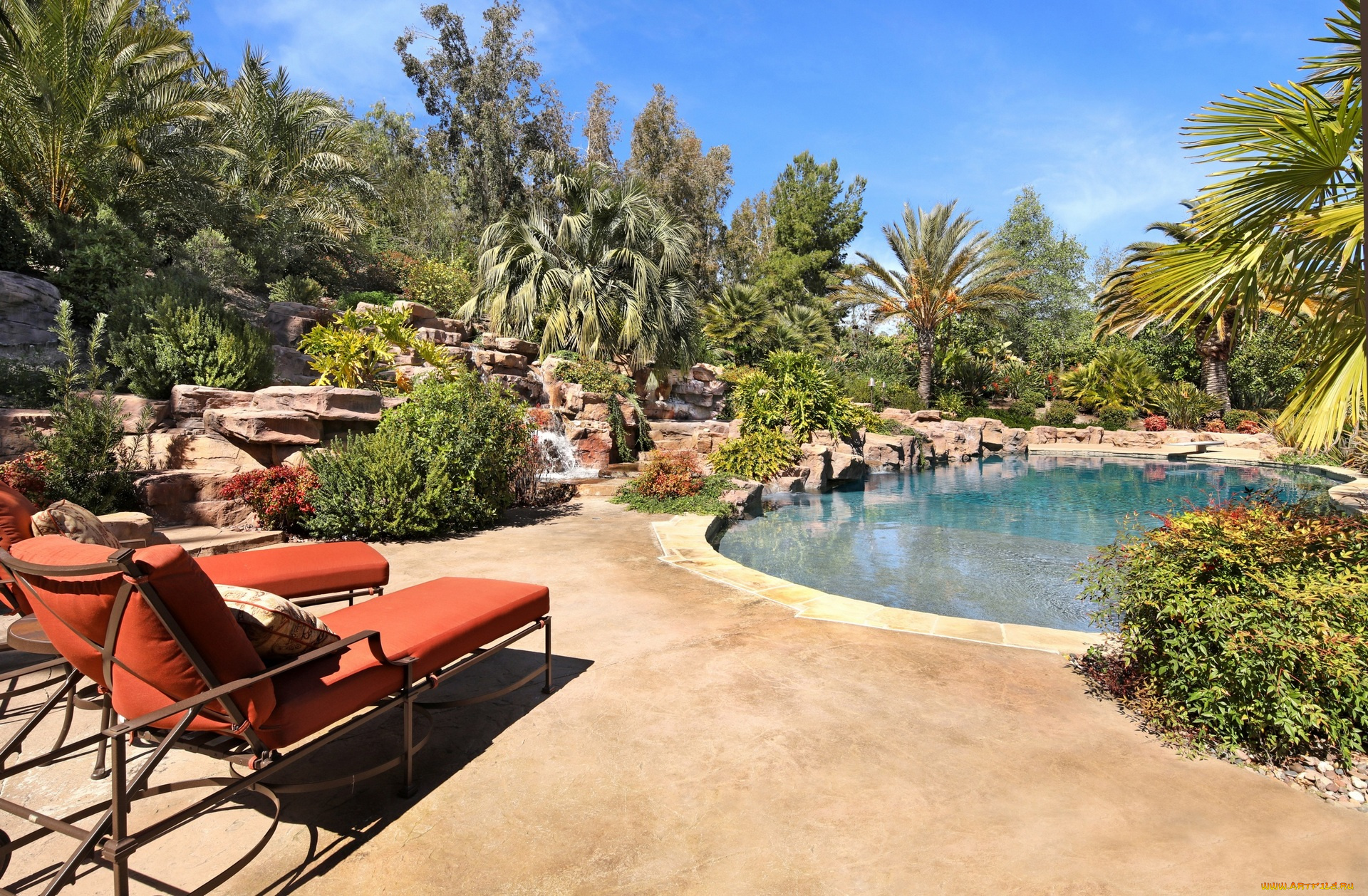 интерьер, бассейны, , открытые, площадки, камни, пальмы, шезлонг
