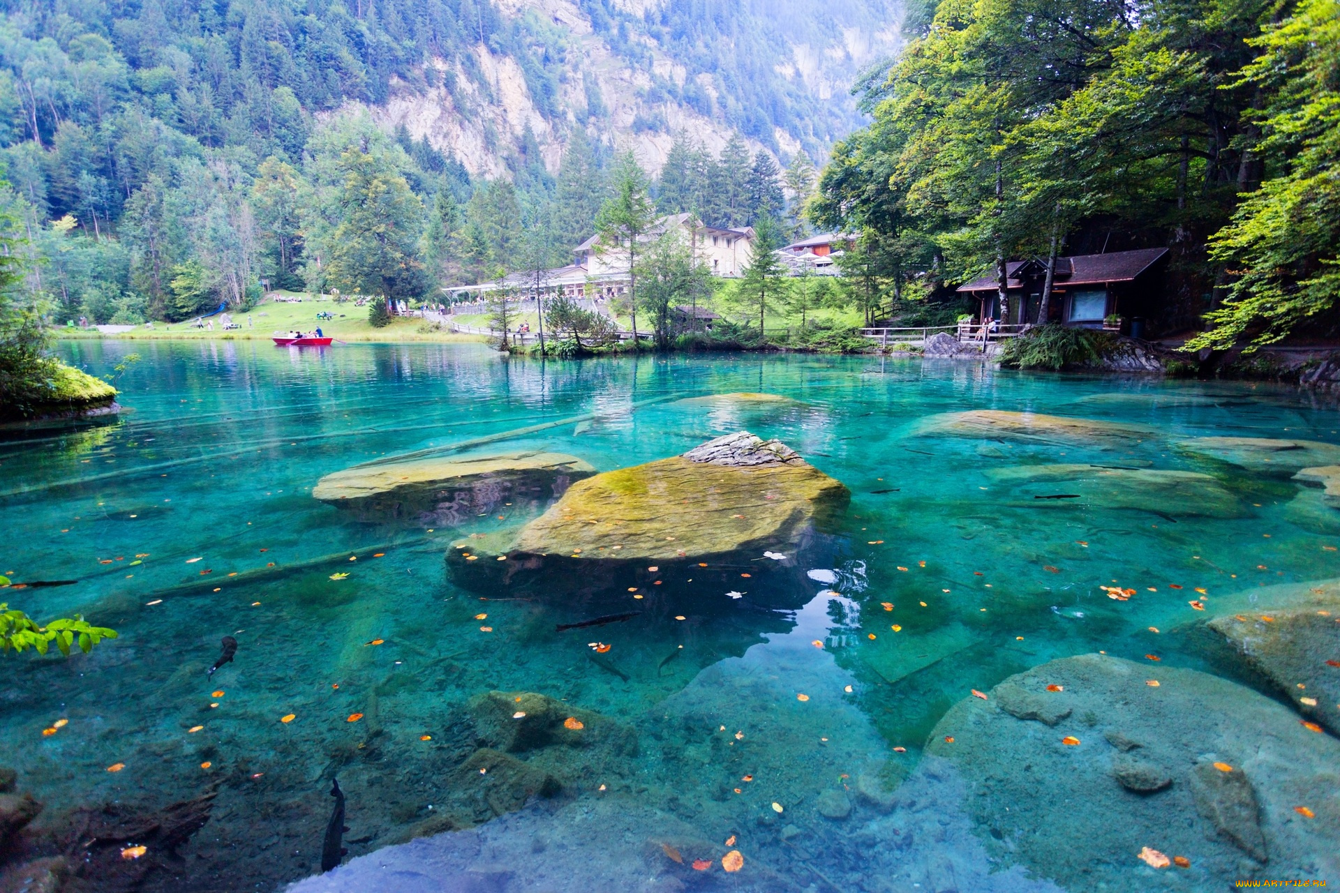 города, -, пейзажи, холм, деревья, камни, лодка, водоем, здания