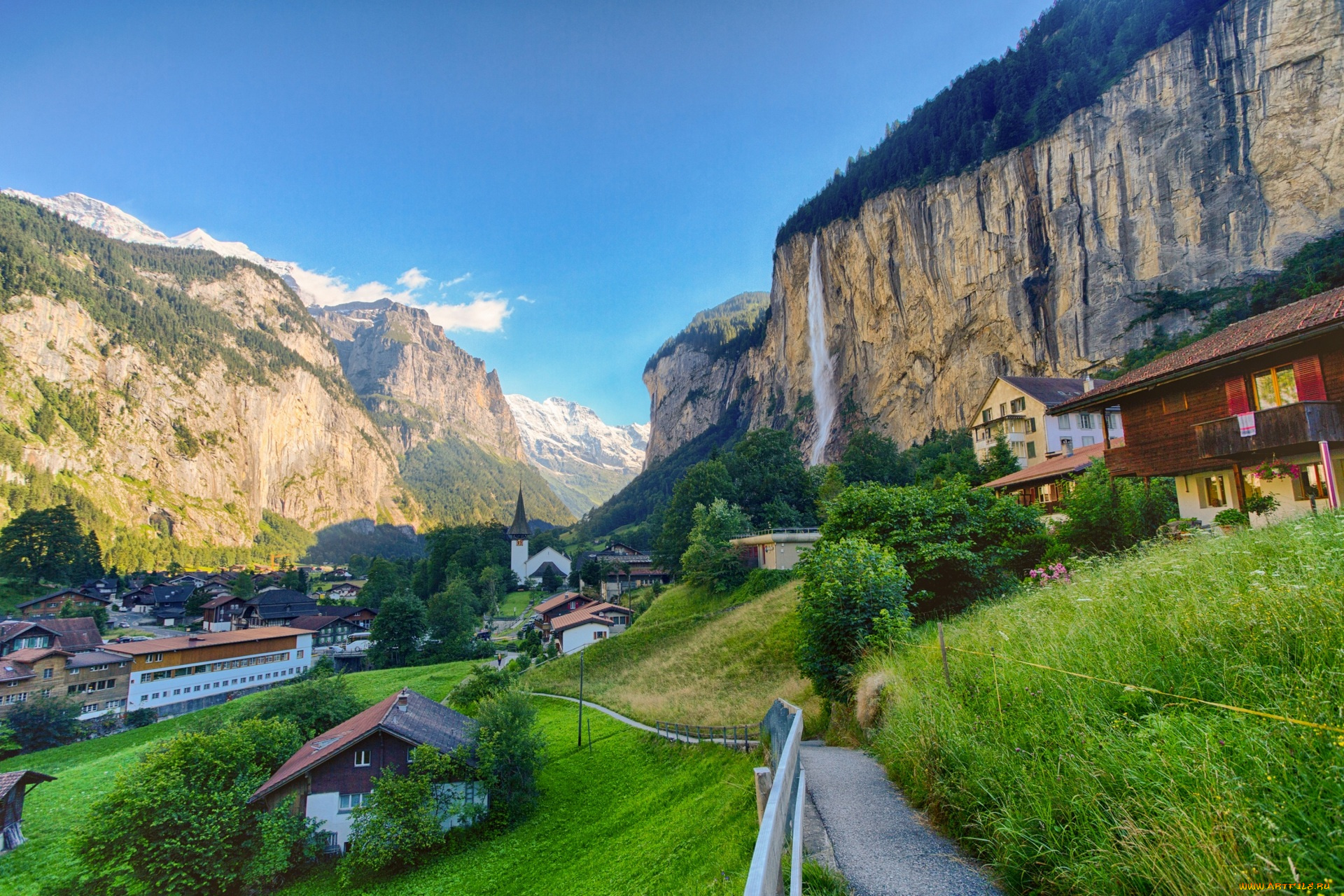 города, -, пейзажи, здания, деревья, тропа, горы