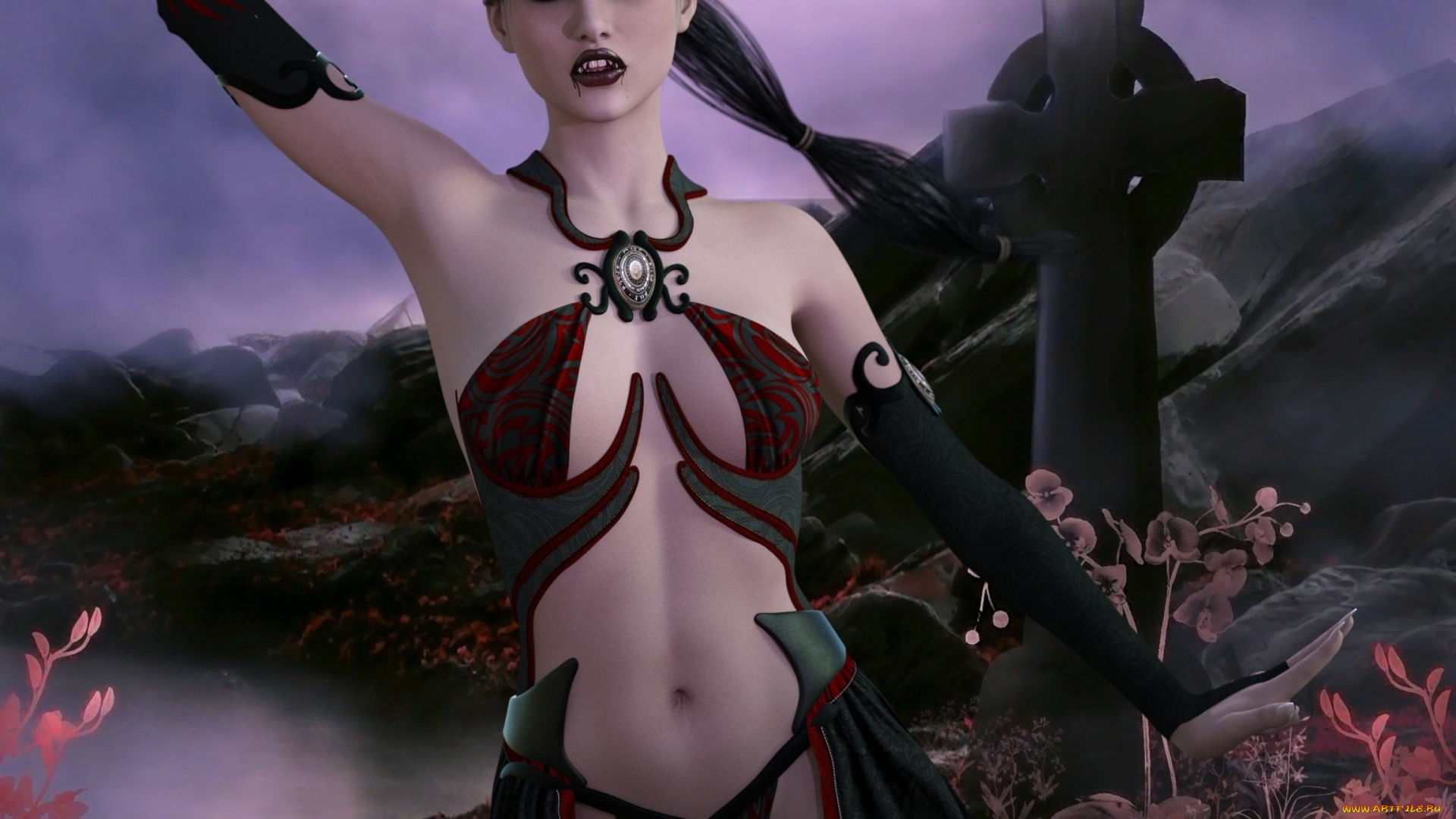 3д, графика, существа, , creatures, девушка, взгляд, фон, вампир, крест