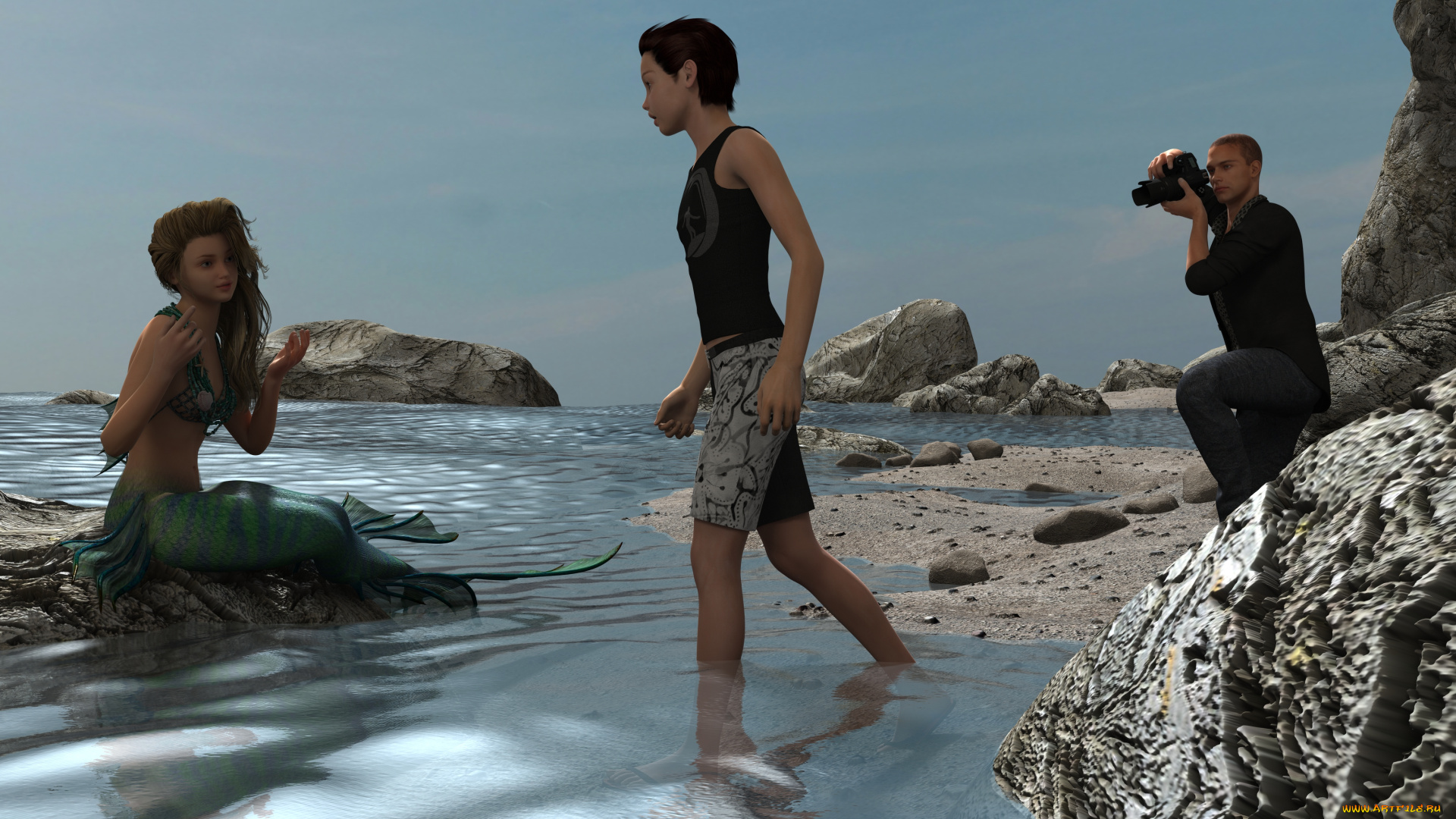 3д, графика, существа, , creatures, девушки, взгляд, фон, mermaids