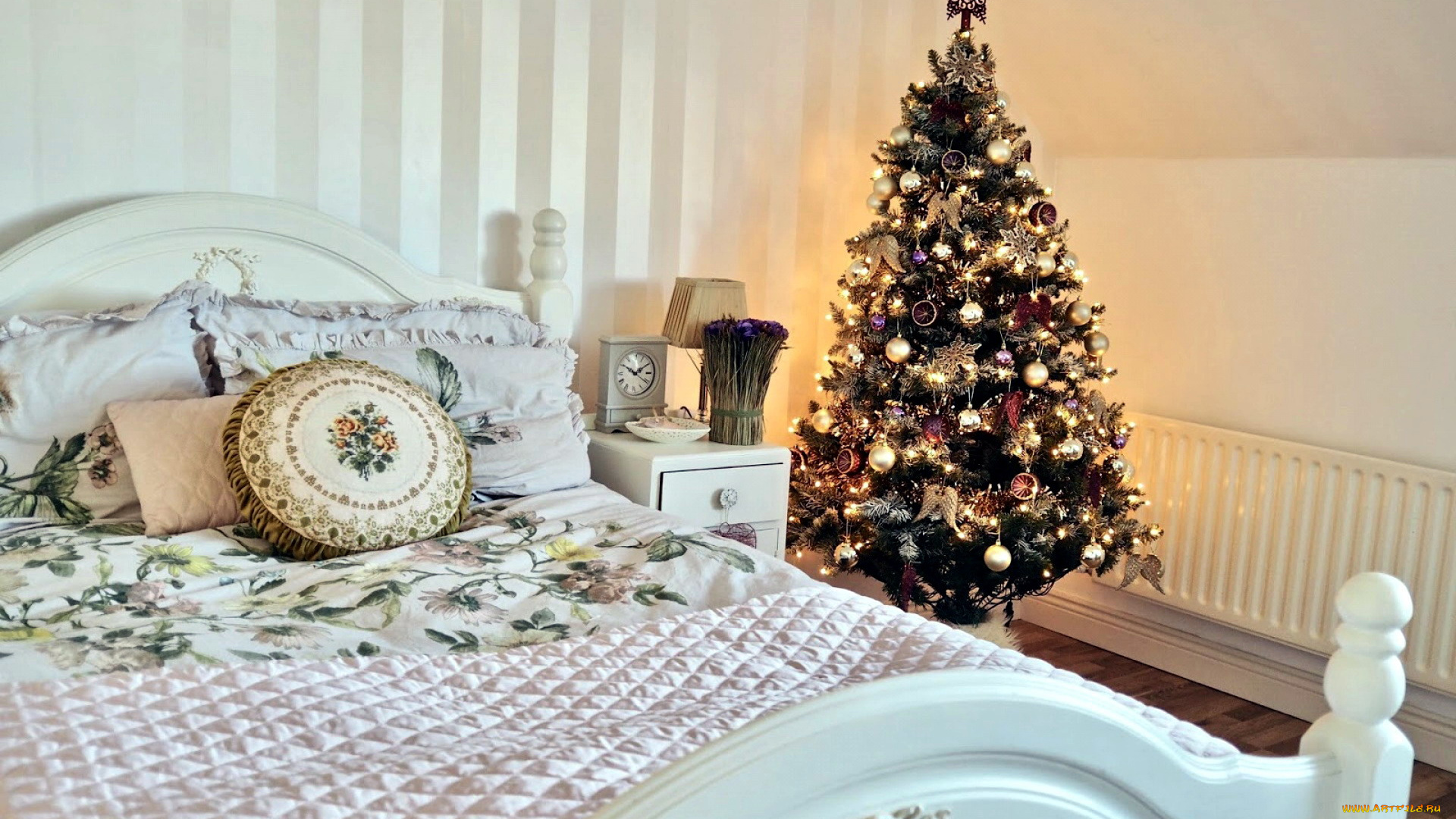 праздничные, Ёлки, спальня, елка, постель