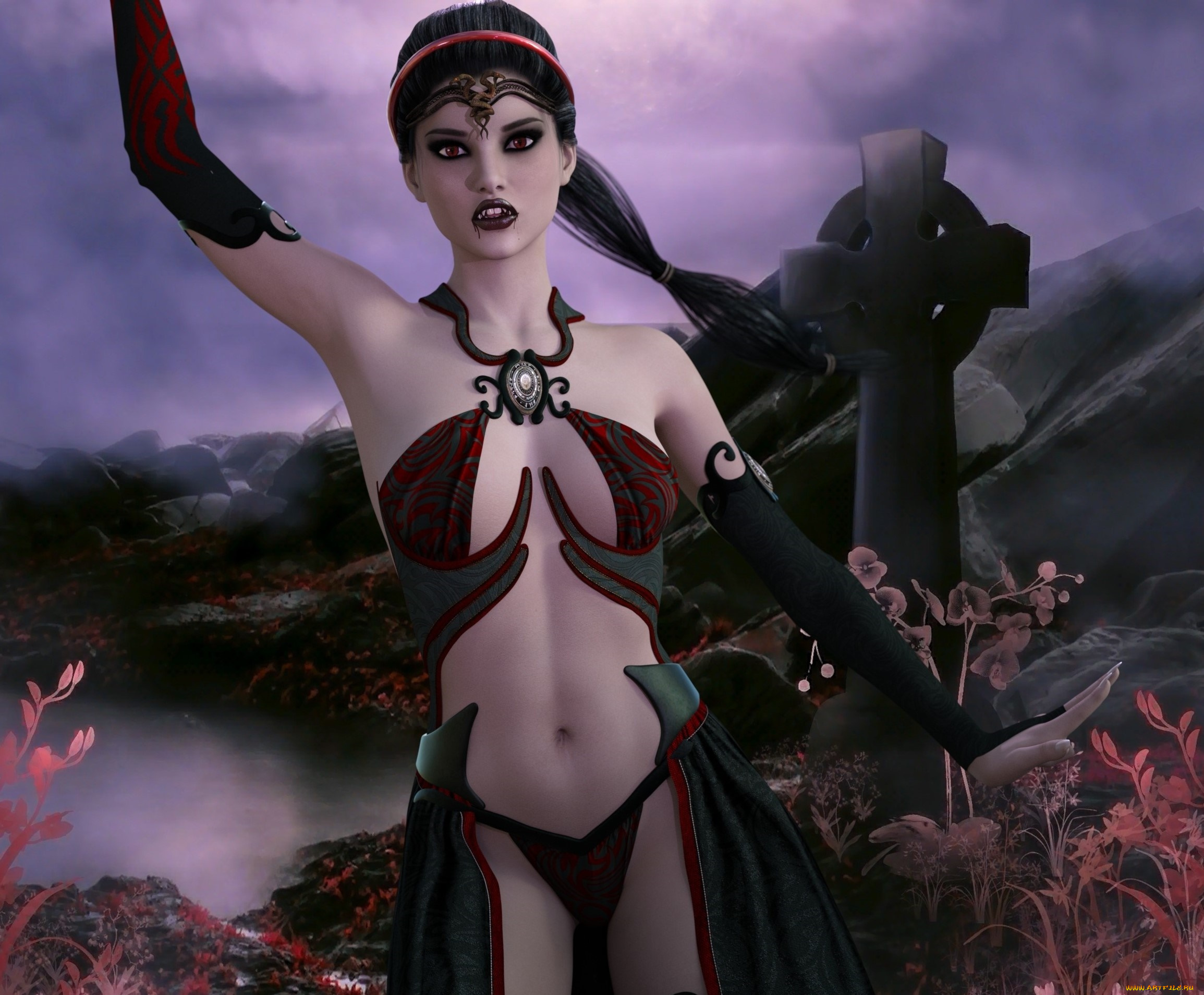 3д, графика, существа, , creatures, девушка, взгляд, фон, вампир, крест