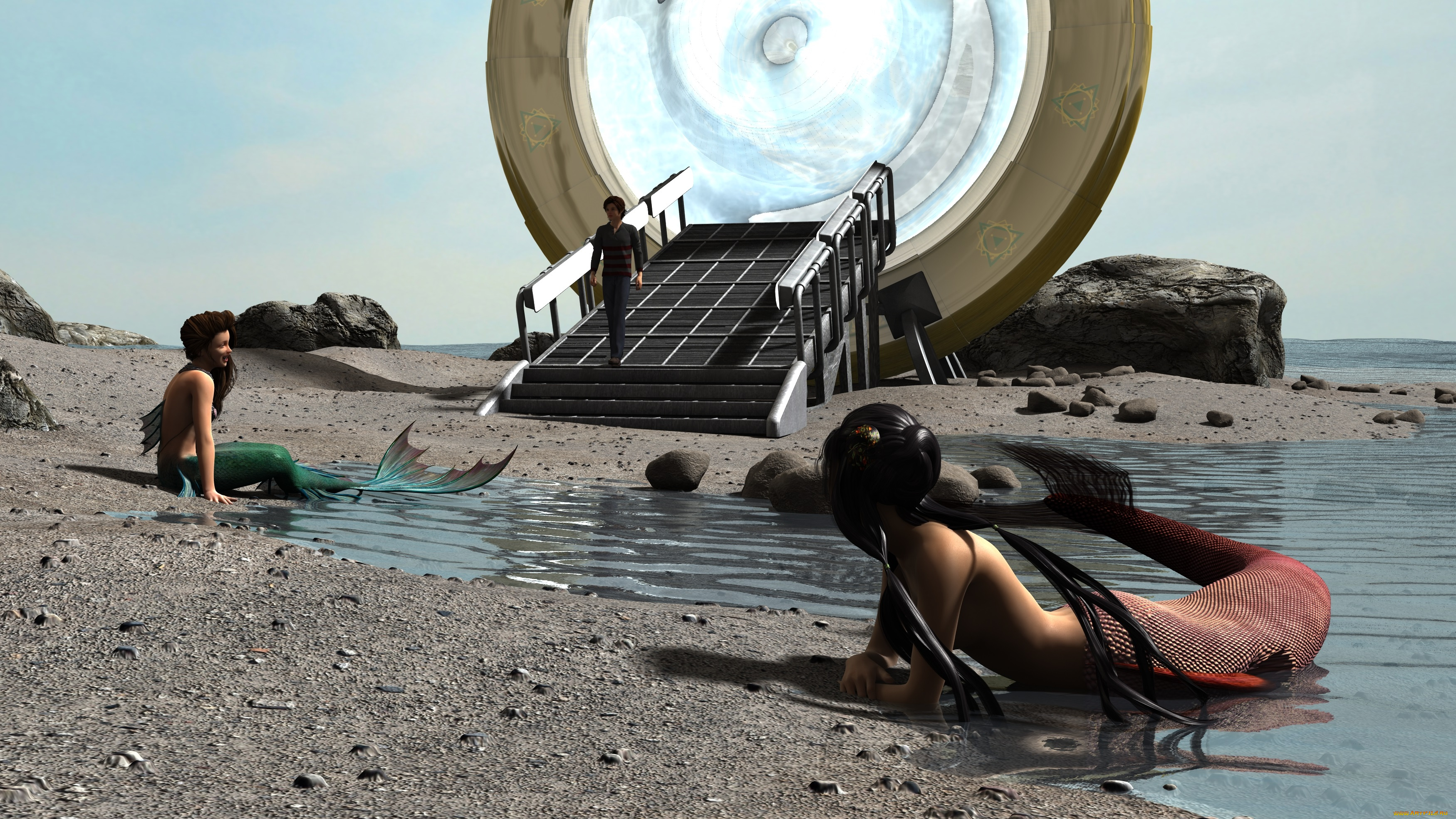 3д, графика, существа, , creatures, девушки, взгляд, фон, mermaids