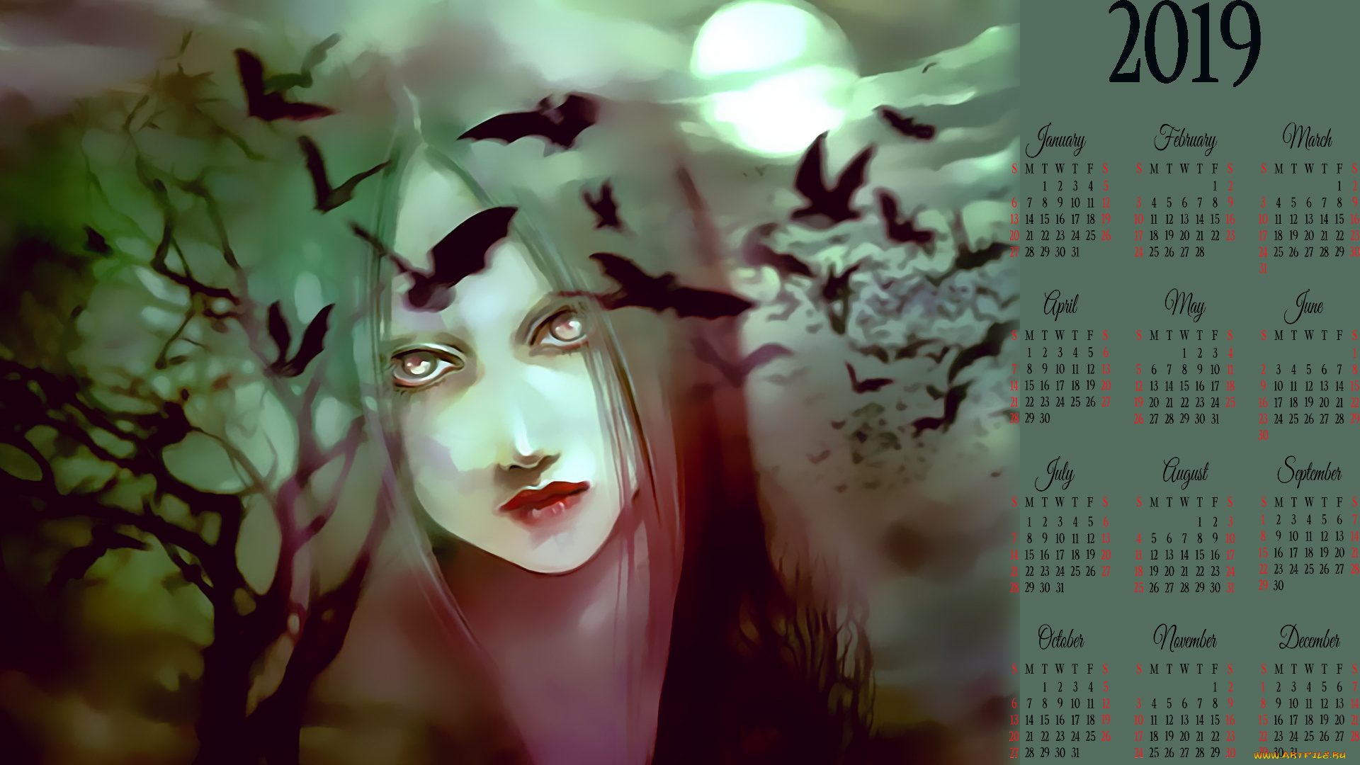 календари, фэнтези, птица, девушка, лицо, взгляд, образ, силуэт, calendar, 2019