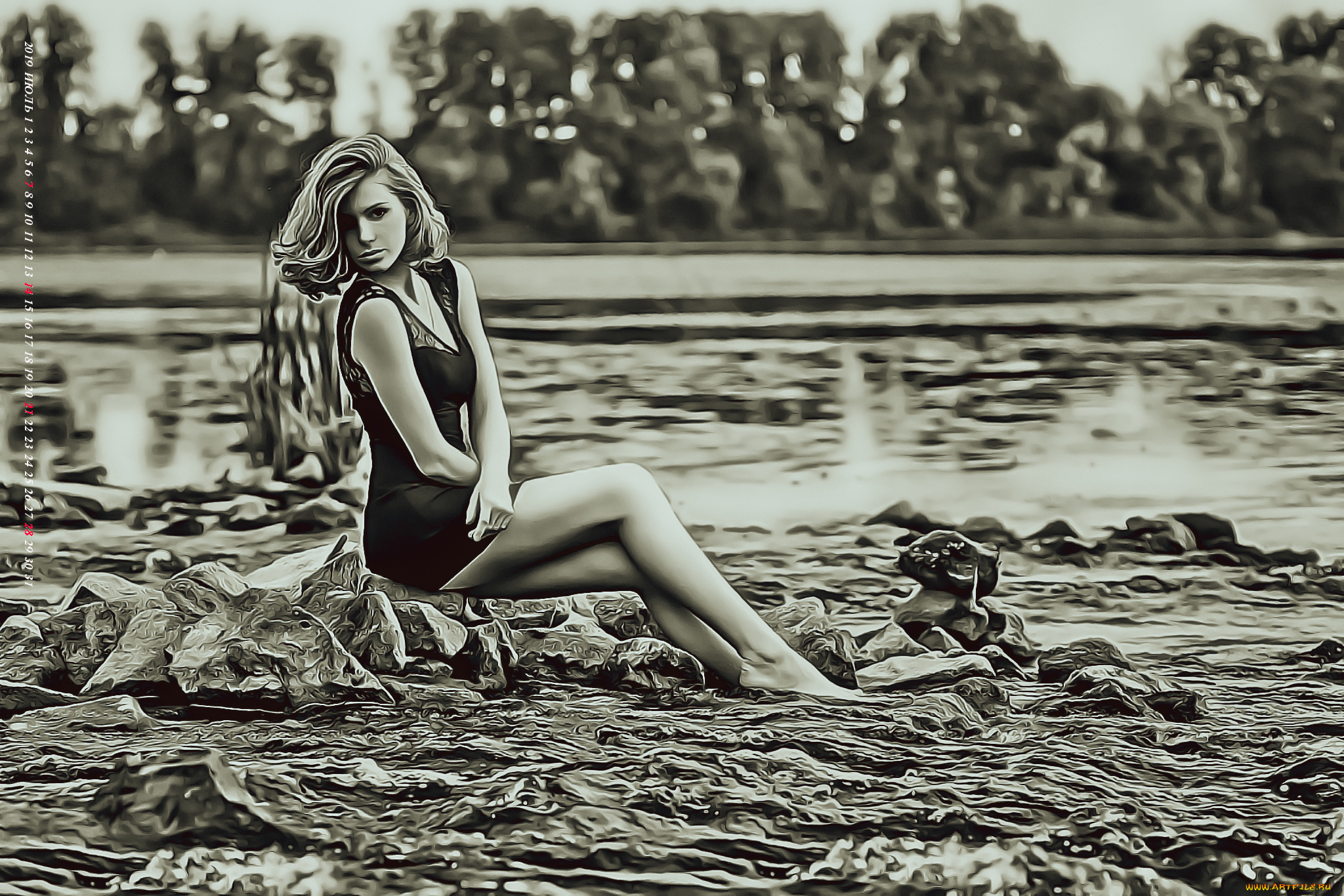 календари, компьютерный, дизайн, природа, calendar, 2019, женщина, модель, девушка, водоем