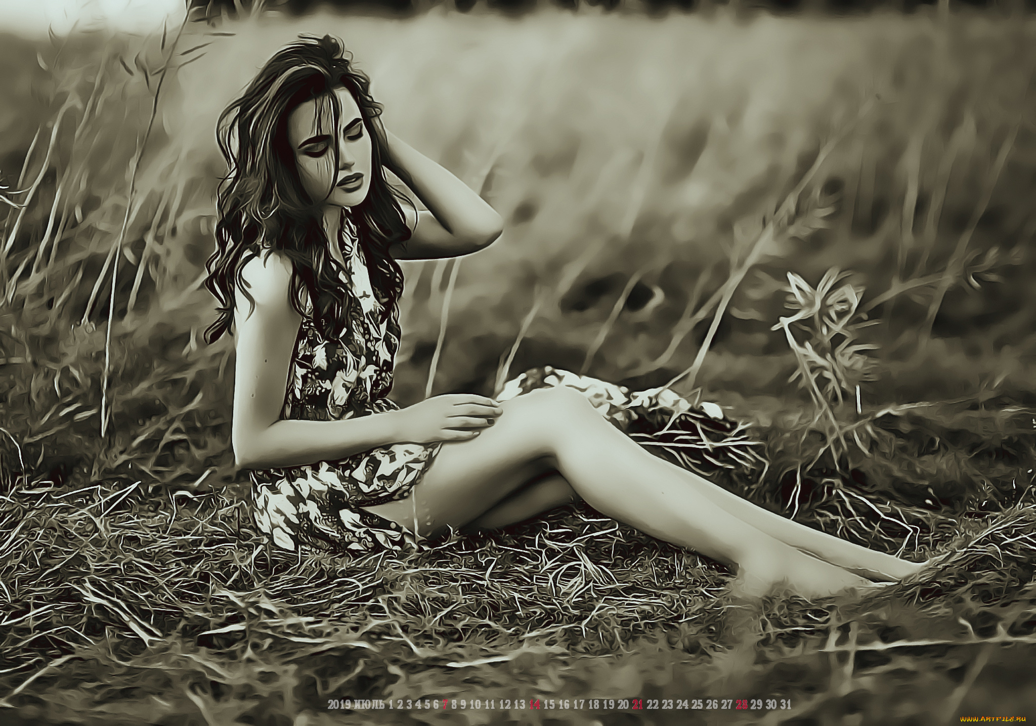 календари, компьютерный, дизайн, 2019, calendar, женщина, сидит, растение, трава, девушка, природа