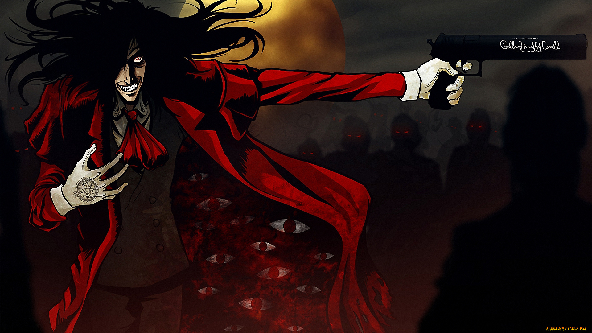 аниме, hellsing, алукард, alucard, дракула, вампир, шакал, оружие, пистолет, dracula, луна