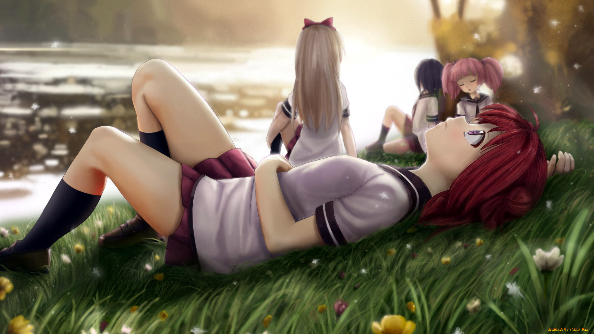 аниме, unknown, , другое, , девочки, трава, цветы, отдых, озеро
