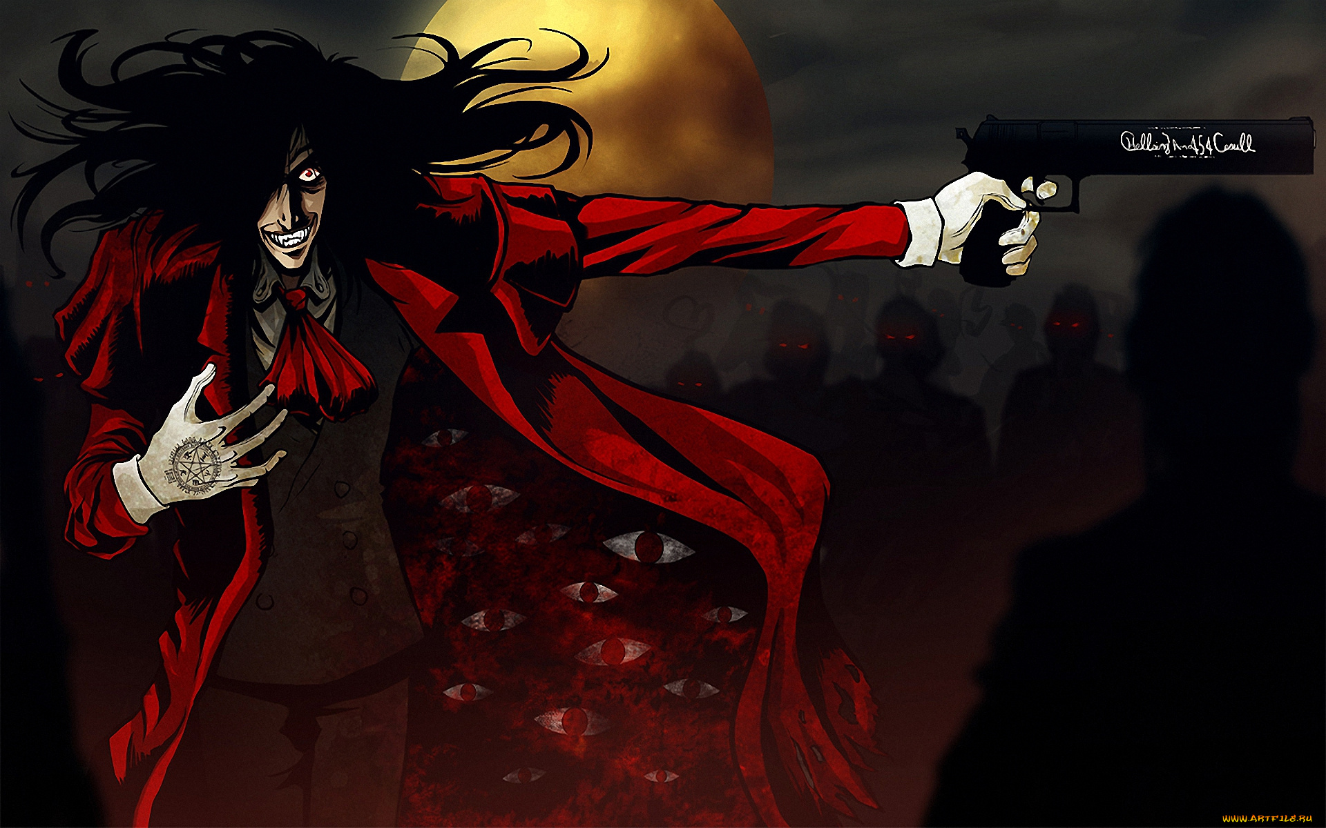 аниме, hellsing, алукард, alucard, дракула, вампир, шакал, оружие, пистолет, dracula, луна