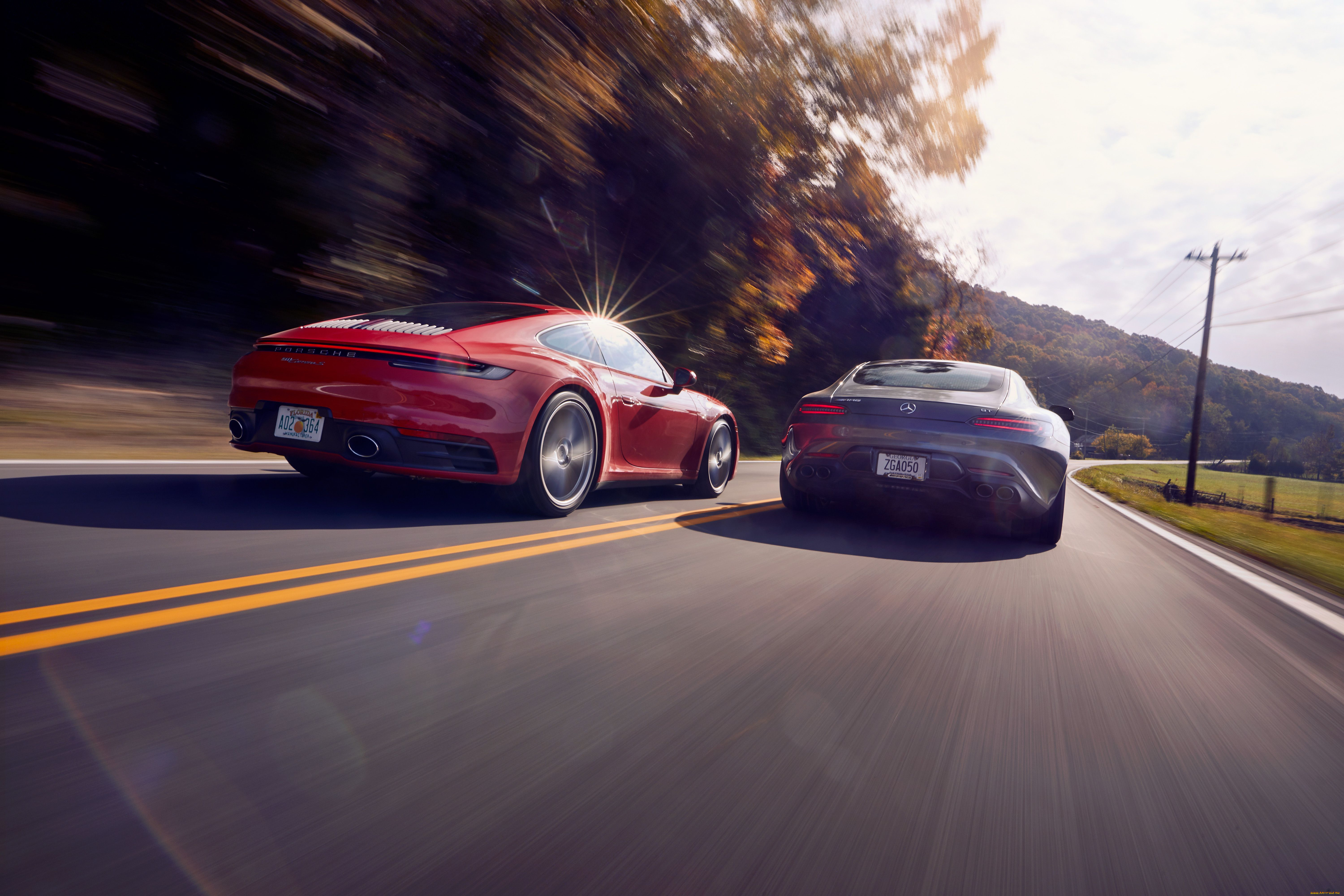 автомобили, разные, вместе, porsche, mercedes, nature, landscape