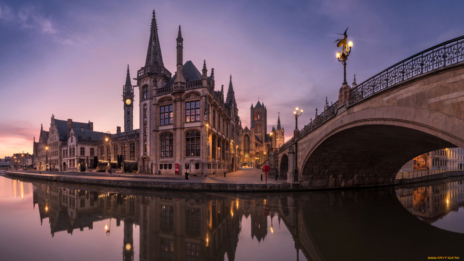 города, гент, , бельгия, река, мост, вечер, огни