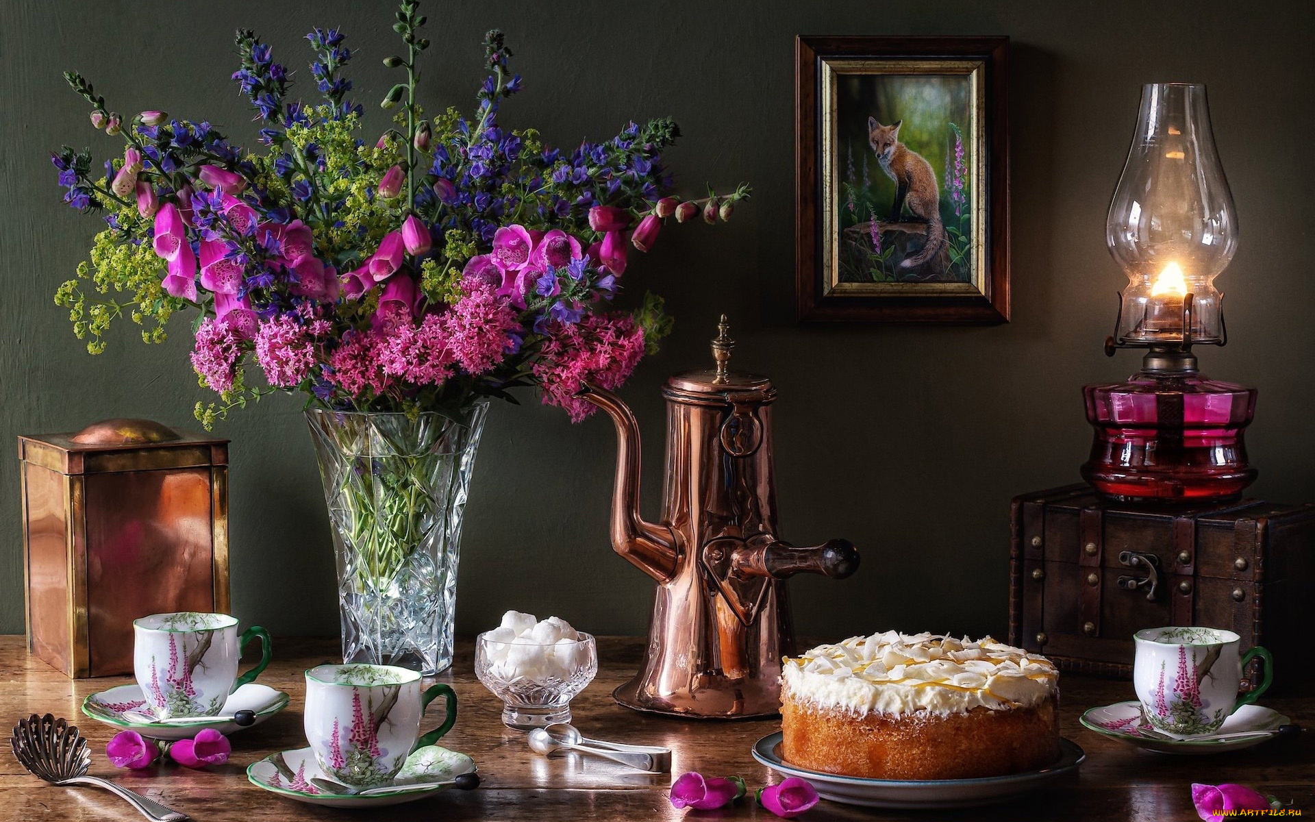 еда, натюрморт, торт, сахар, букет, лампа