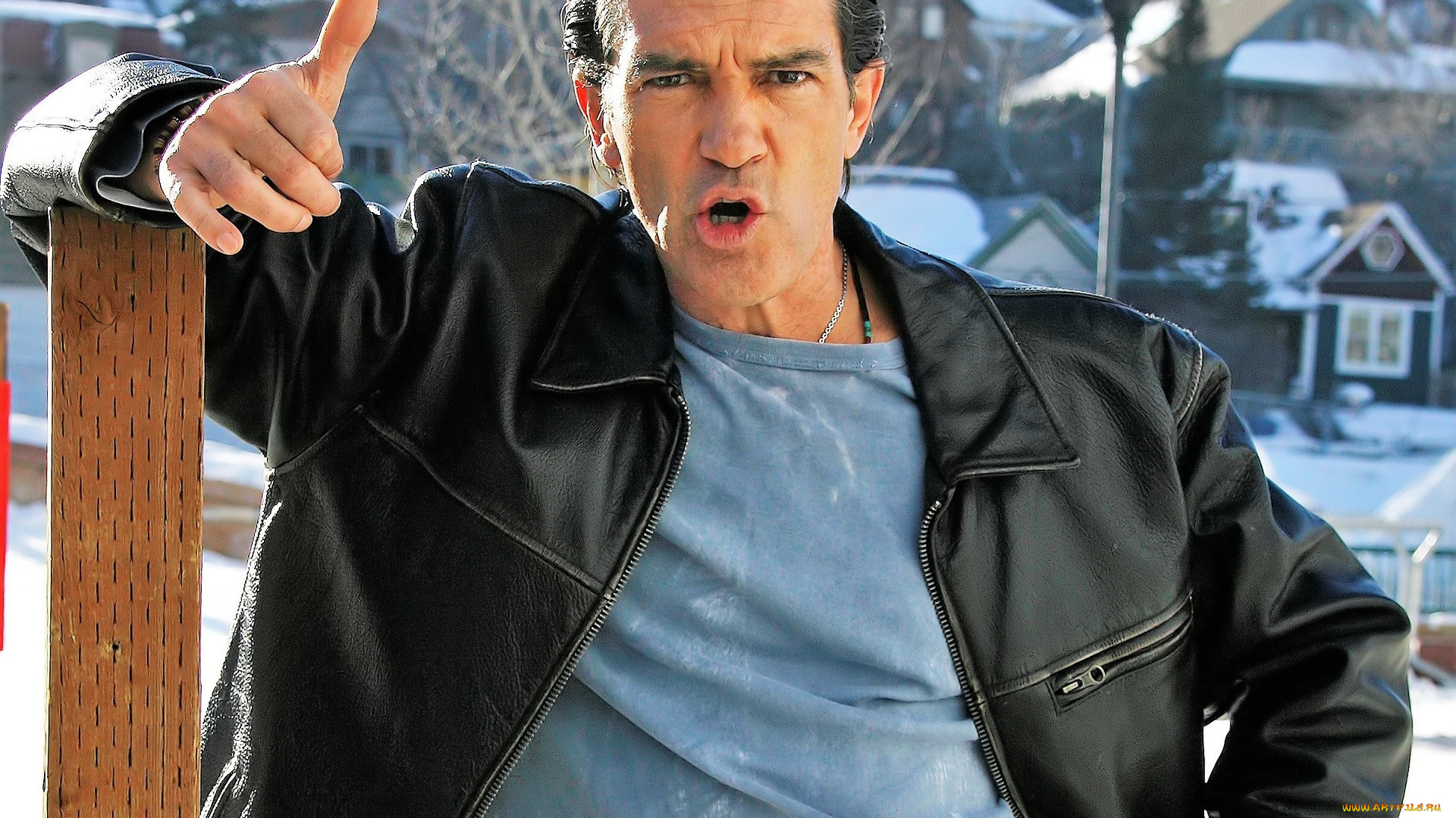 мужчины, antonio, banderas, актер, куртка, деревня, зима, снег