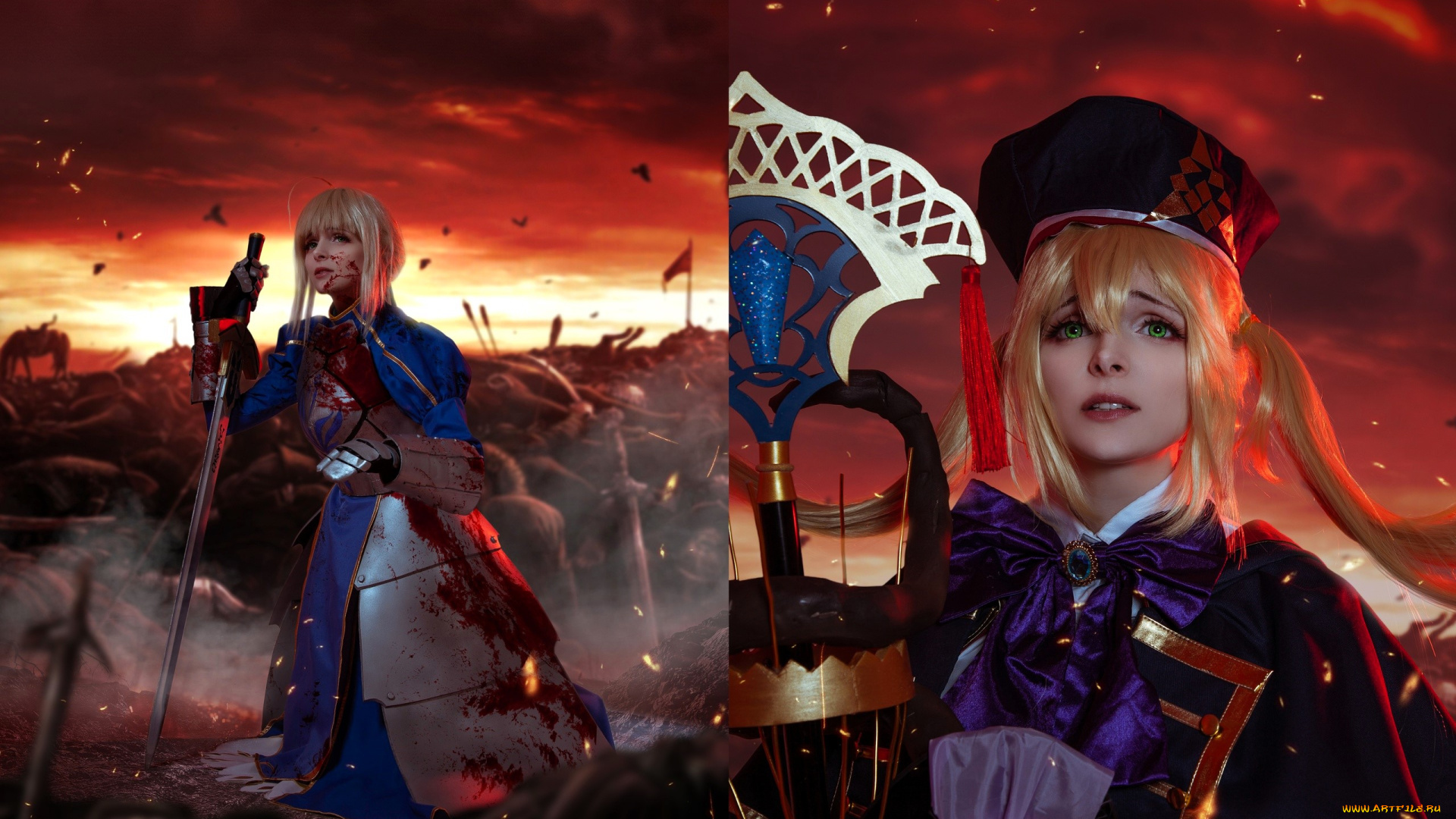 девушки, mari, aisu, образ, косплей, костюм, наряд, искры, оружие, зарево, поле, боя