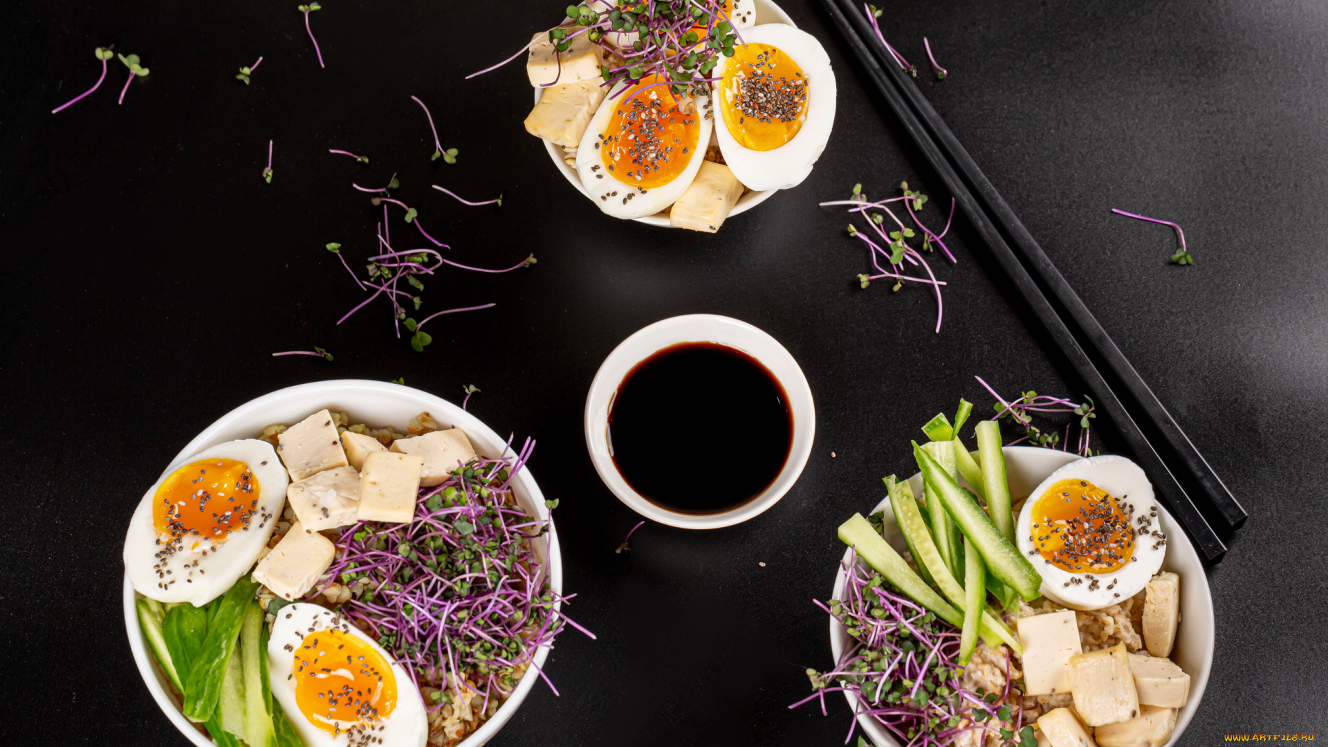 еда, яичные, блюда, проростки, тофу, яйца, вареные